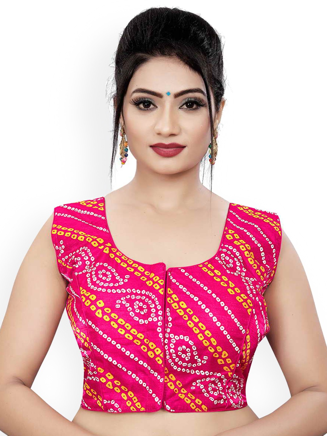 

HIMRISE Plus Size Bandhani Printed Sleeveless Silk Saree Blouse, Pink