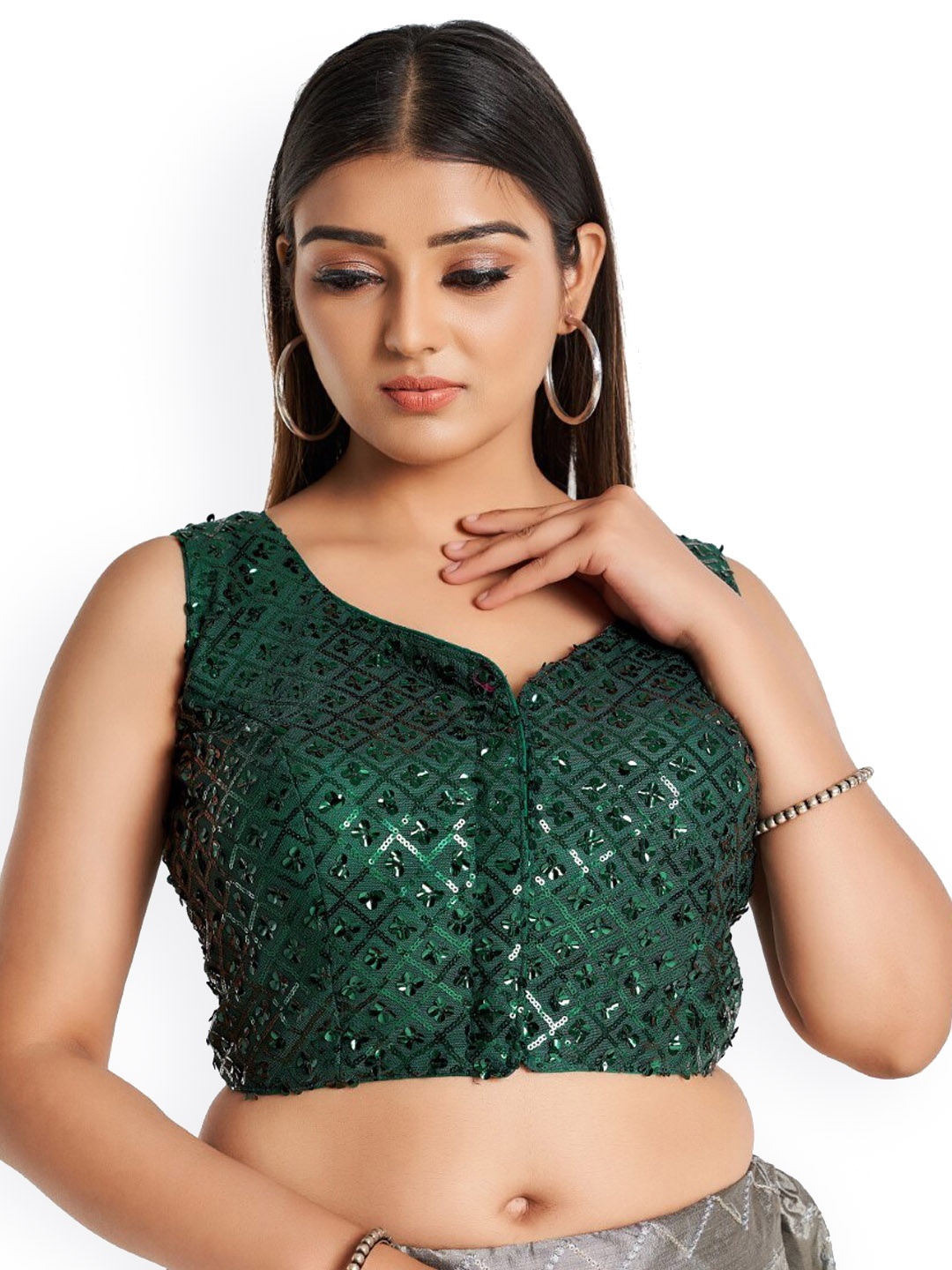 

HIMRISE Plus Size Embellished Cotton Saree Blouse, Green
