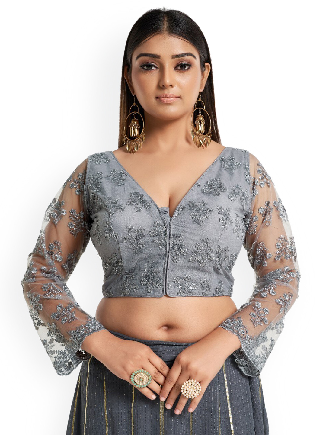 

HIMRISE Embroidered Cotton Saree Blouse, Grey