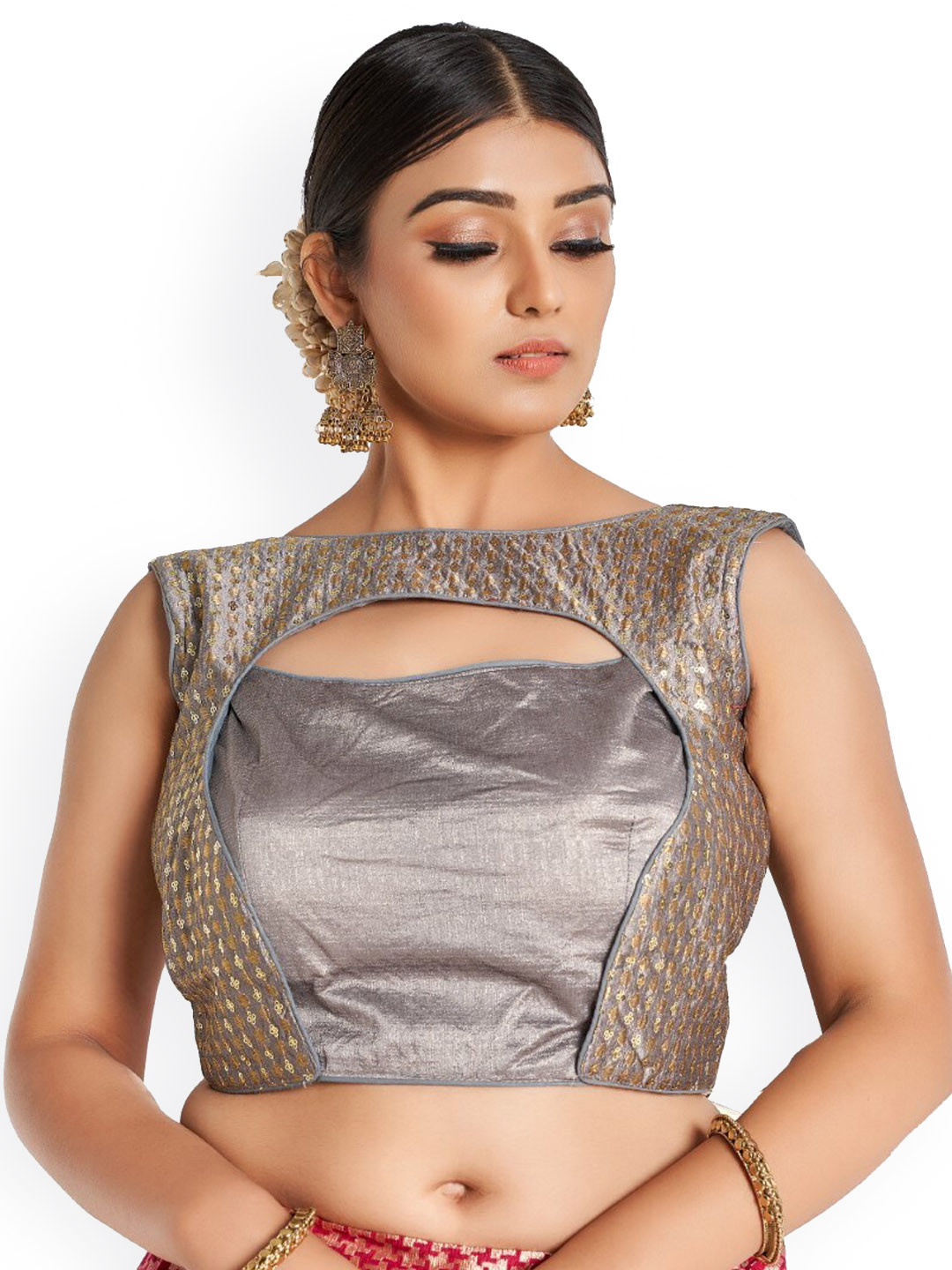 

HIMRISE Self-Design Cotton Saree Blouse, Grey