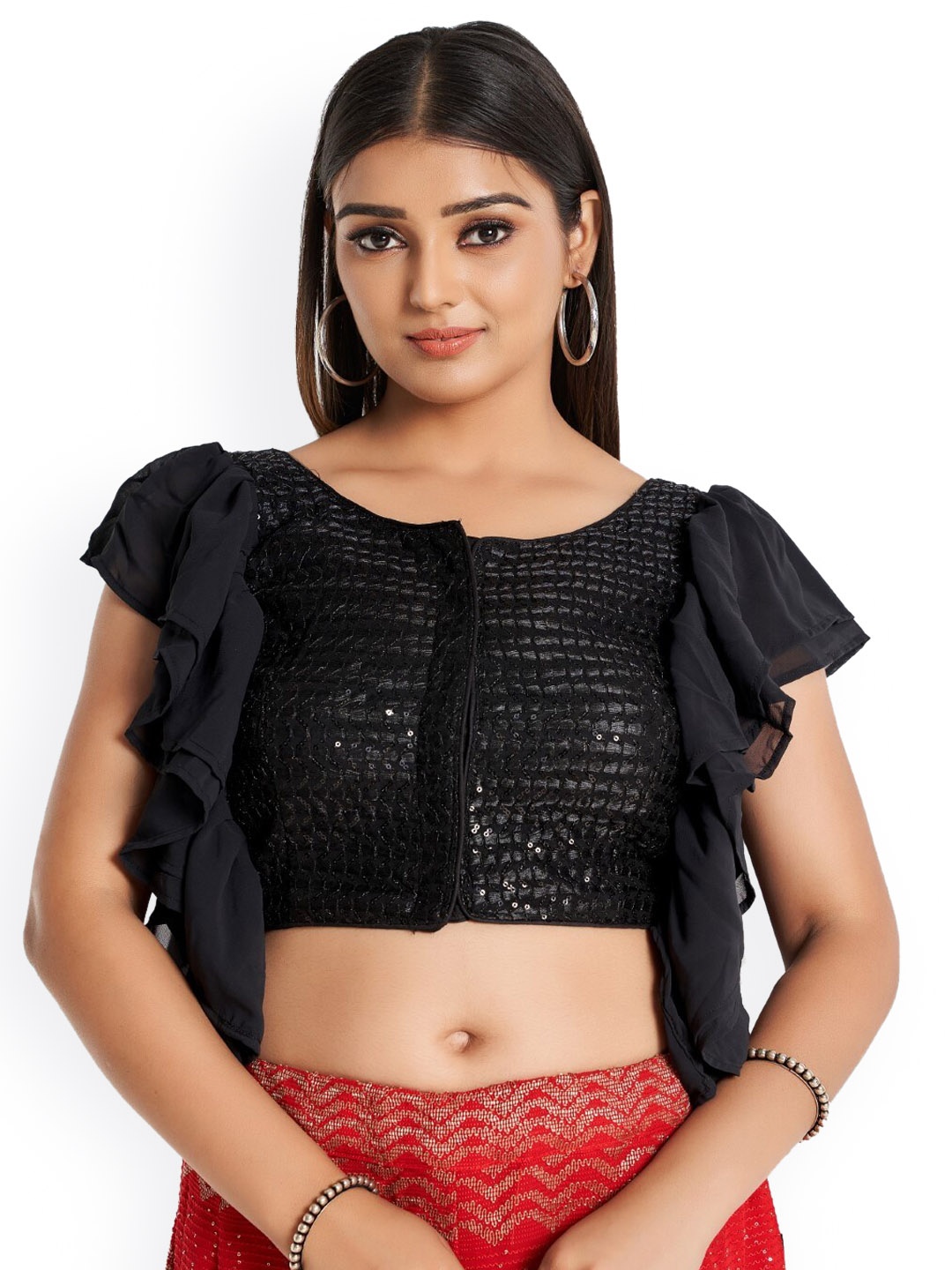 

HIMRISE Sequin Embroidered Sleeveless Saree Blouse, Black