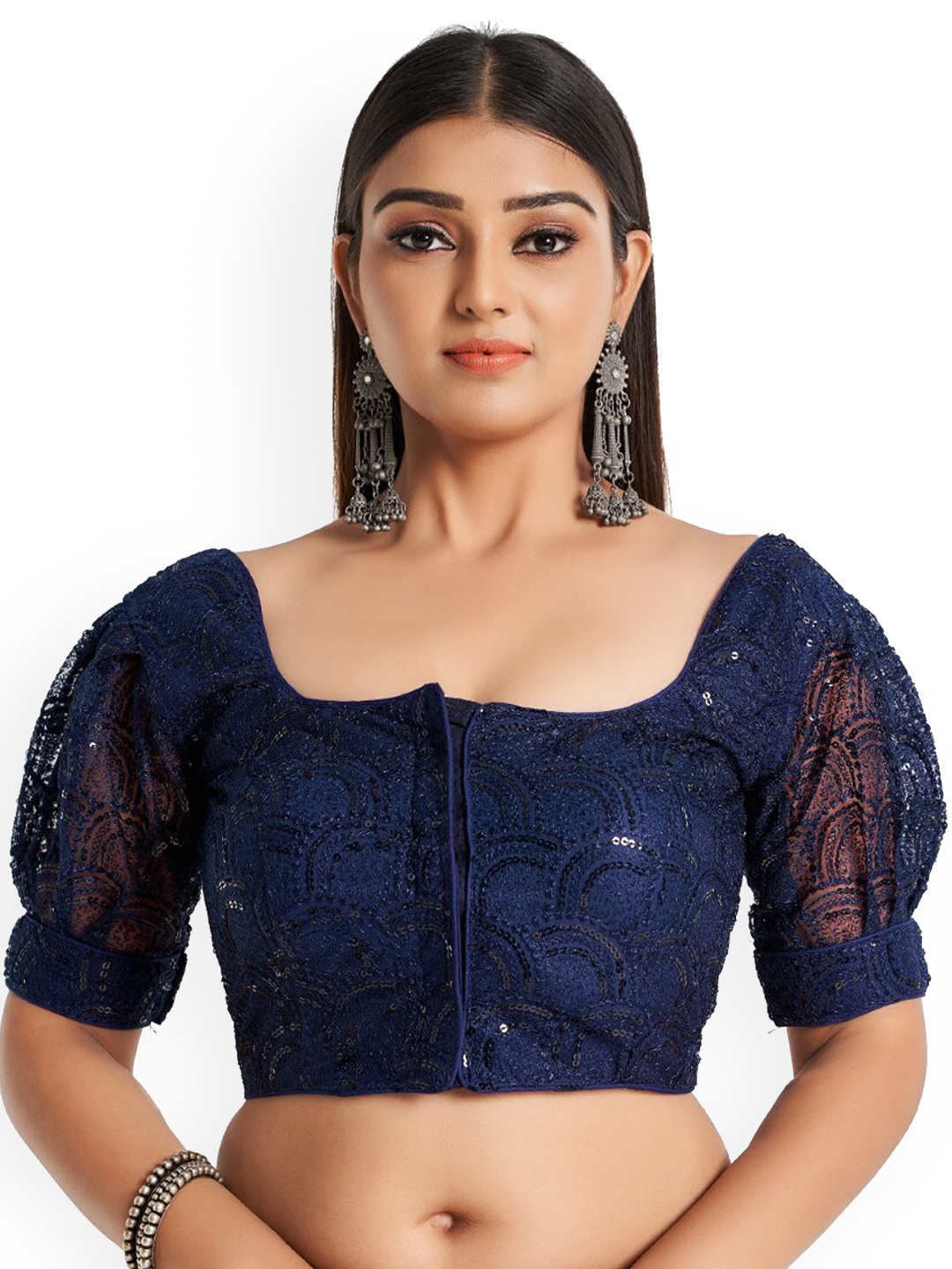 

HIMRISE Embroidered Cotton Saree Blouse, Navy blue