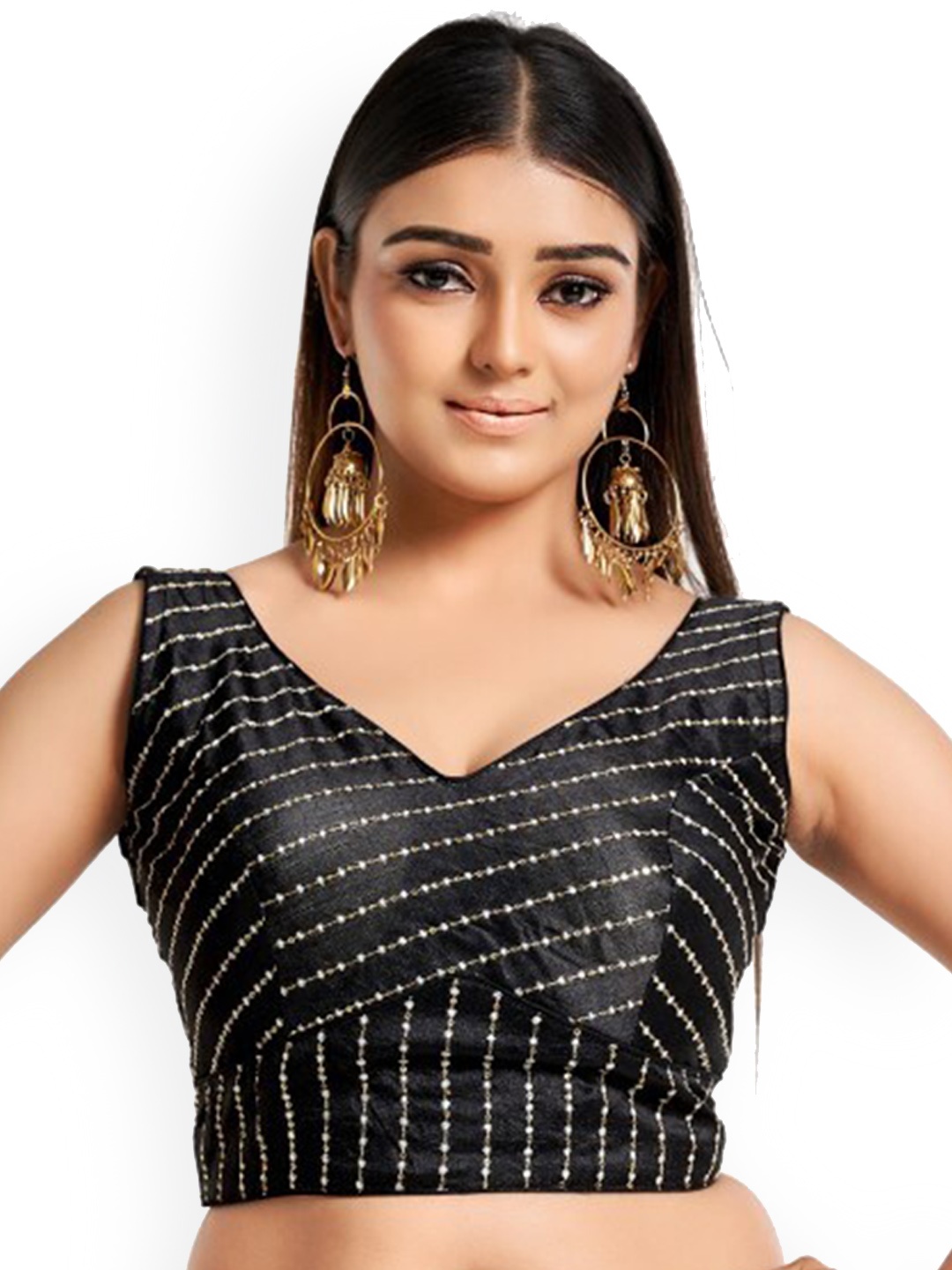 

HIMRISE Embroidered V-Neck Saree Blouse, Black