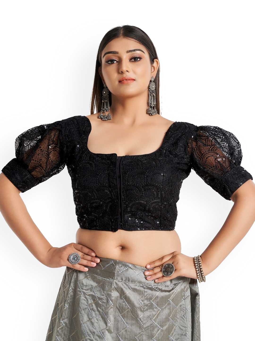

HIMRISE Sequin Embroidered Half Sleeve Saree Blouse, Black