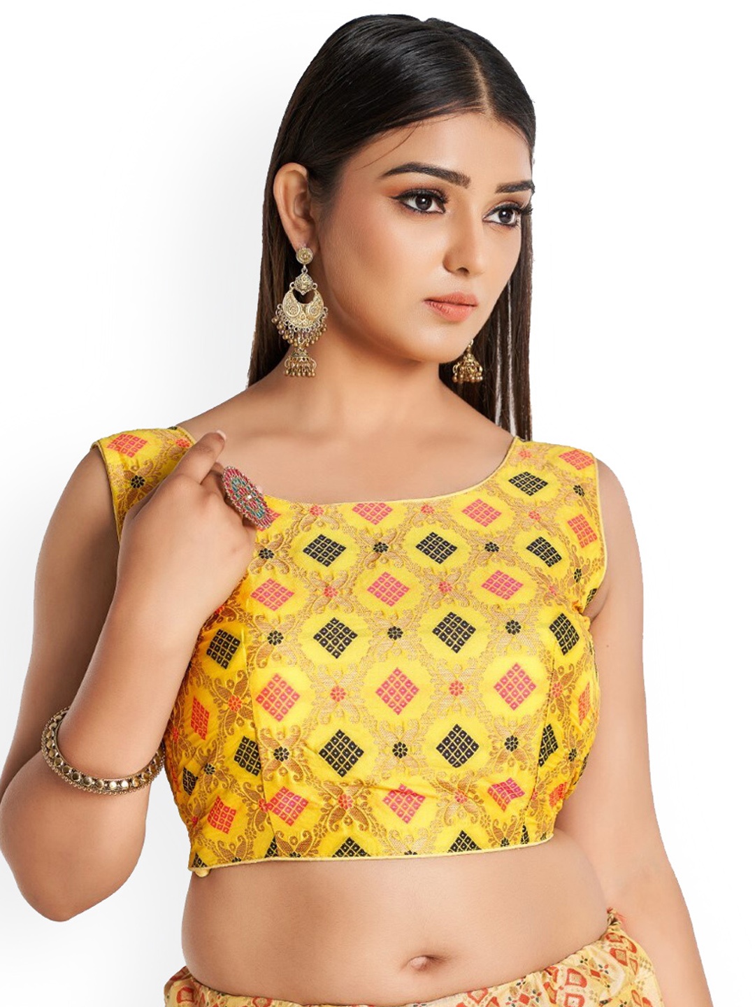 

HIMRISE Woven Design Round Neck Sleeveless Cotton Saree Blouse, Yellow