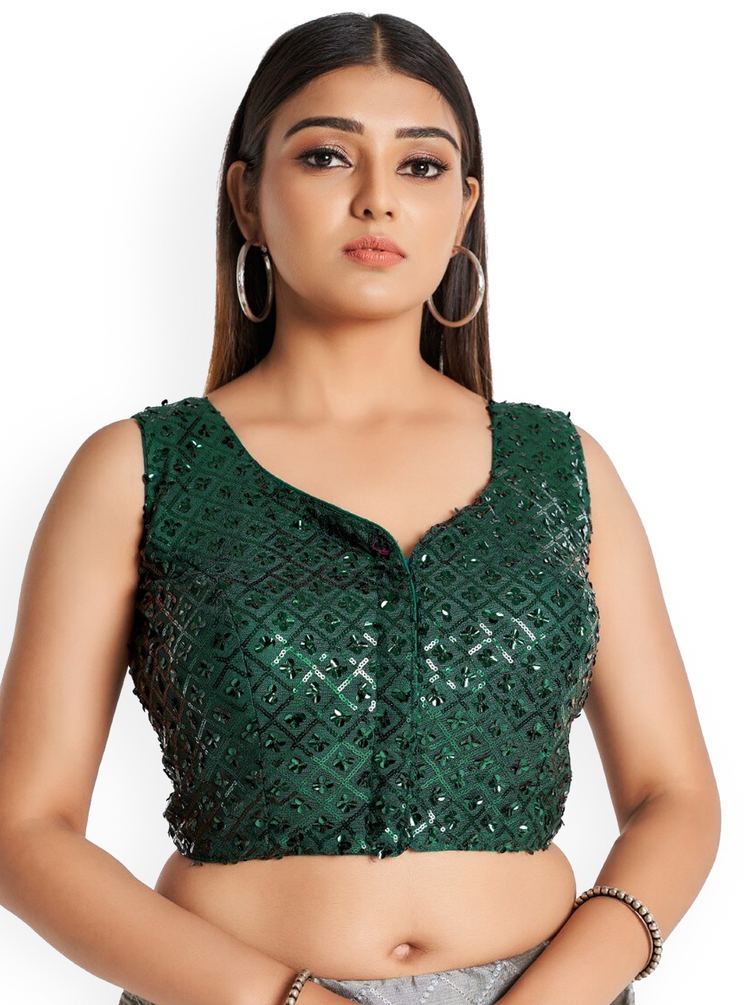 

HIMRISE Embellished Cotton Saree Blouse, Green