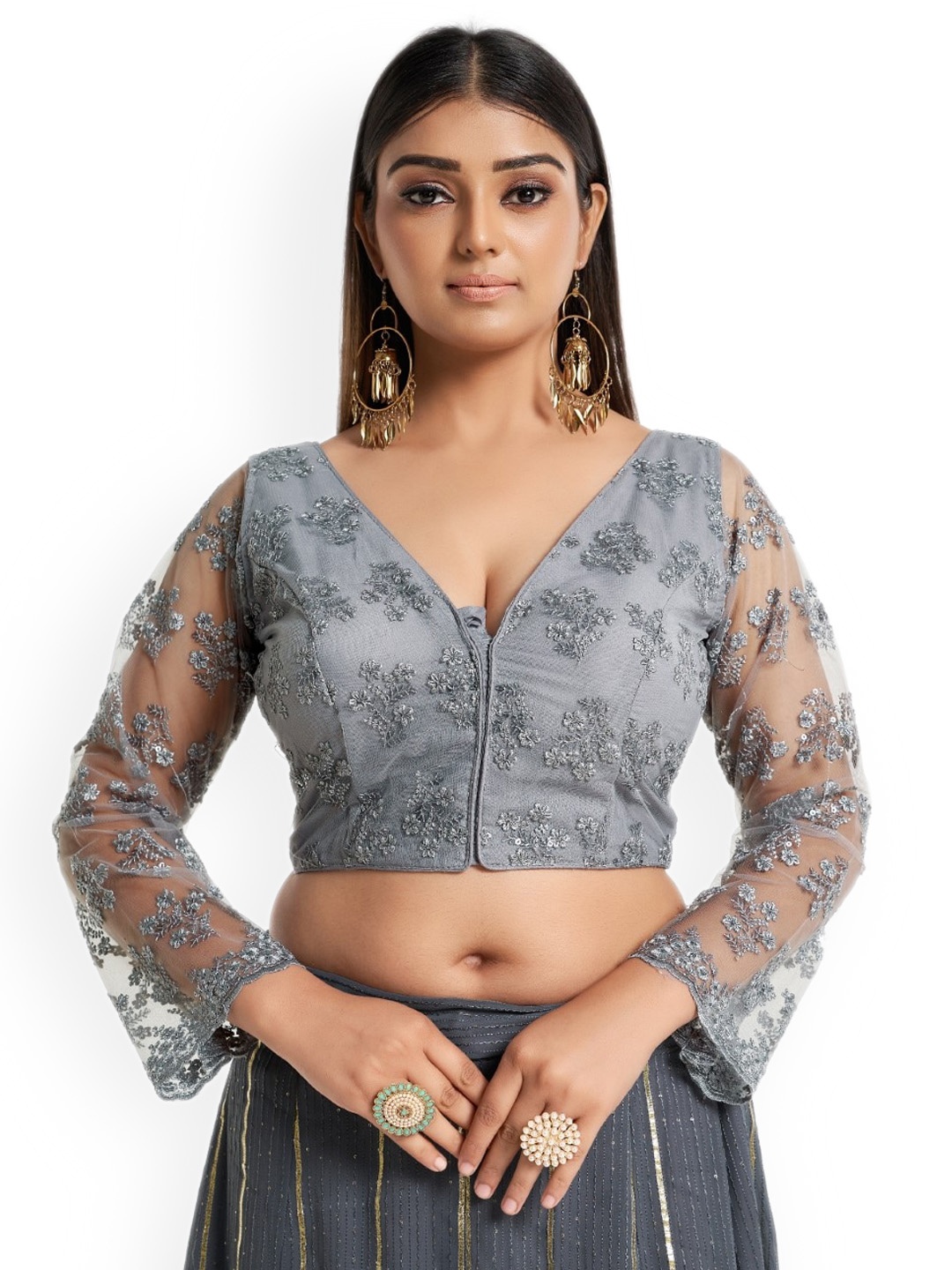 

HIMRISE Embroidered Cotton Saree Blouse, Grey