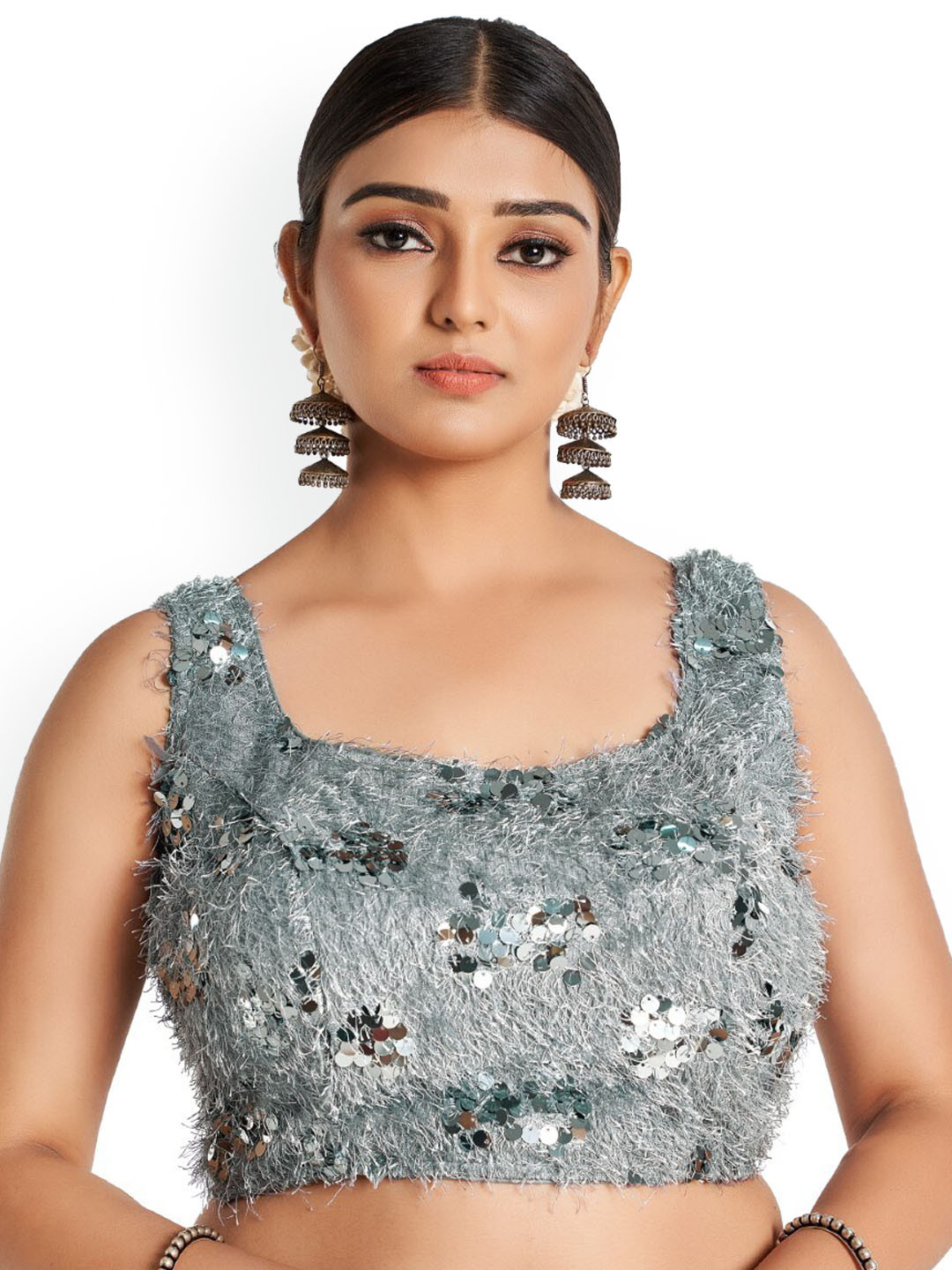 

HIMRISE Embellished Cotton Saree Blouse, Grey