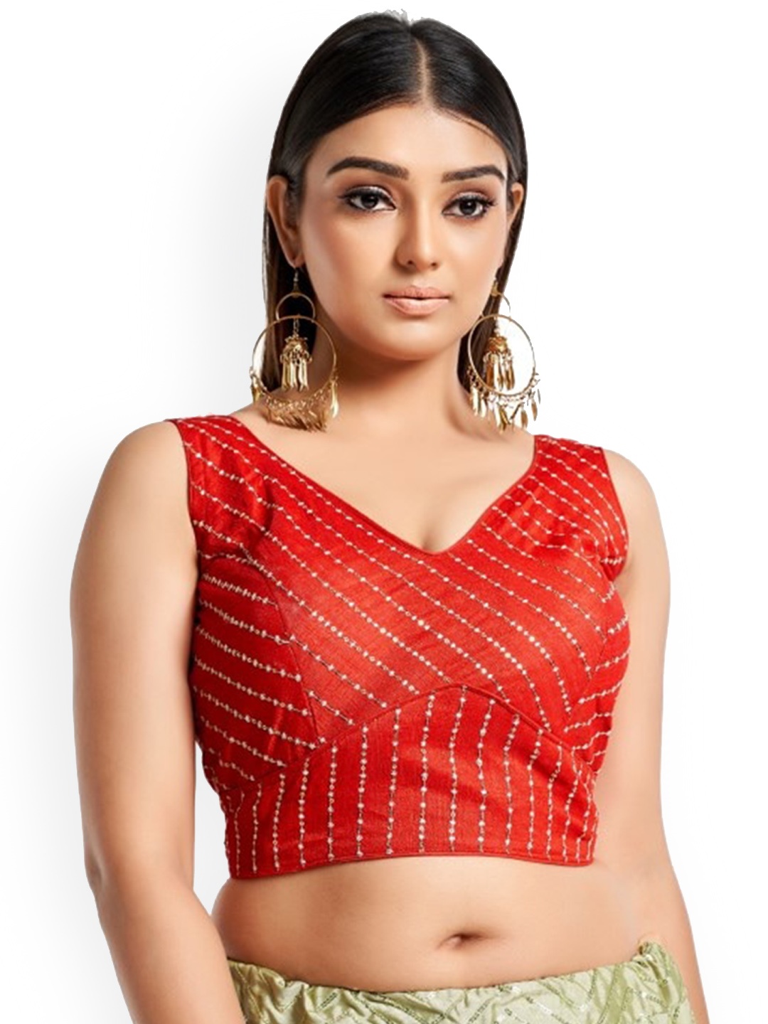 

HIMRISE Embroidered V-Neck Sleeveless Saree Blouse, Red