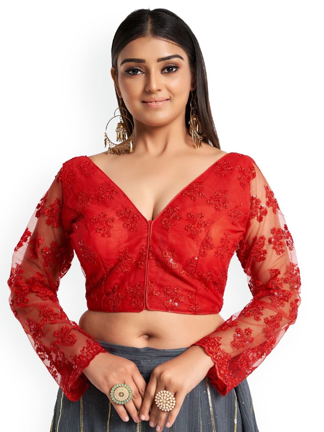 

HIMRISE Sequin Embroidered Saree Blouse, Red