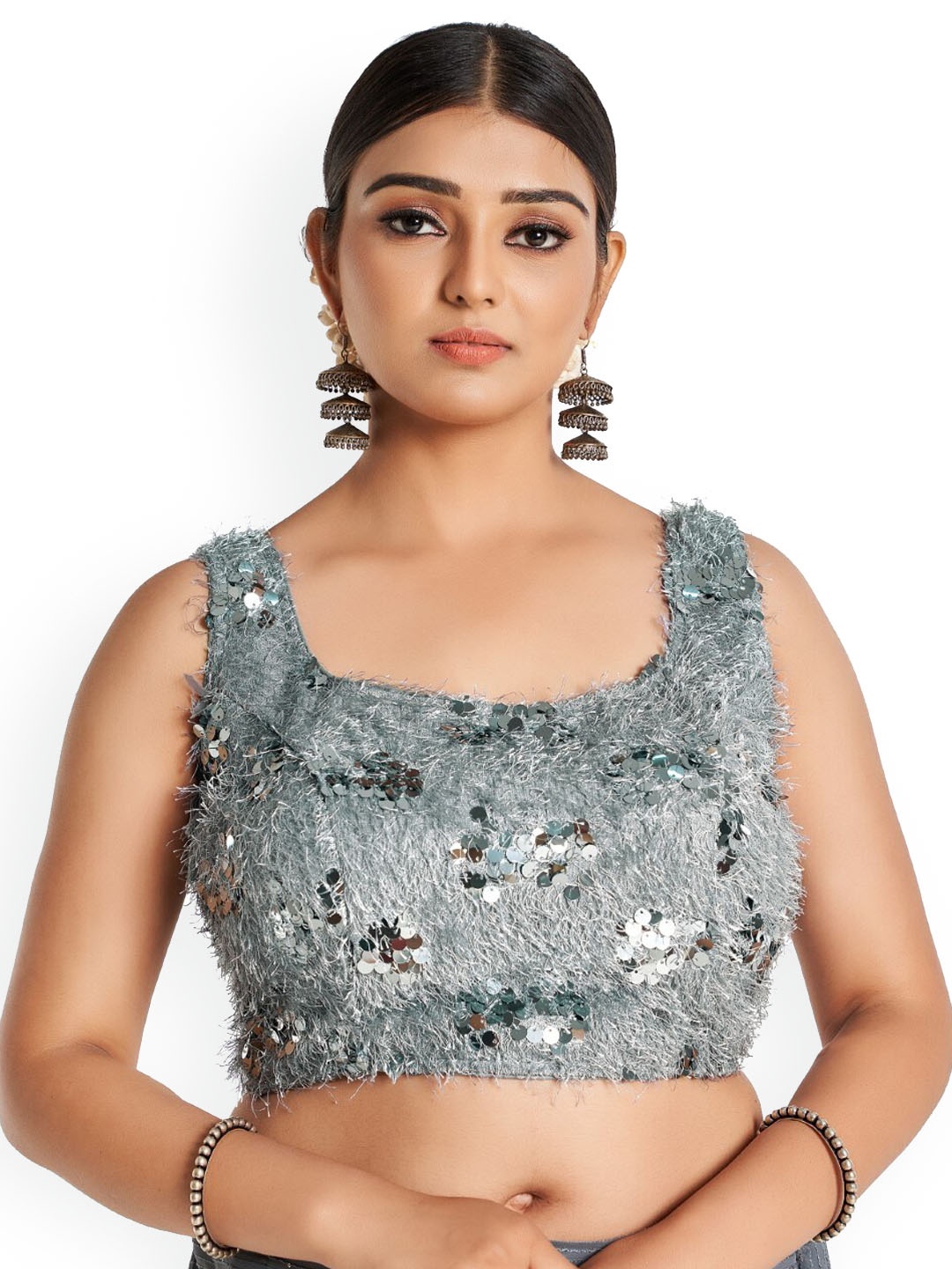 

HIMRISE Sequinned Sleeveless Saree Blouse, Grey