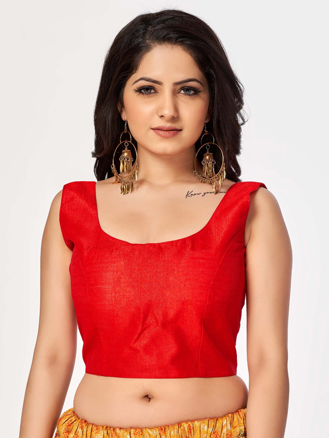 

HIMRISE Round Neck Sleeveless Cotton Saree Blouse, Red