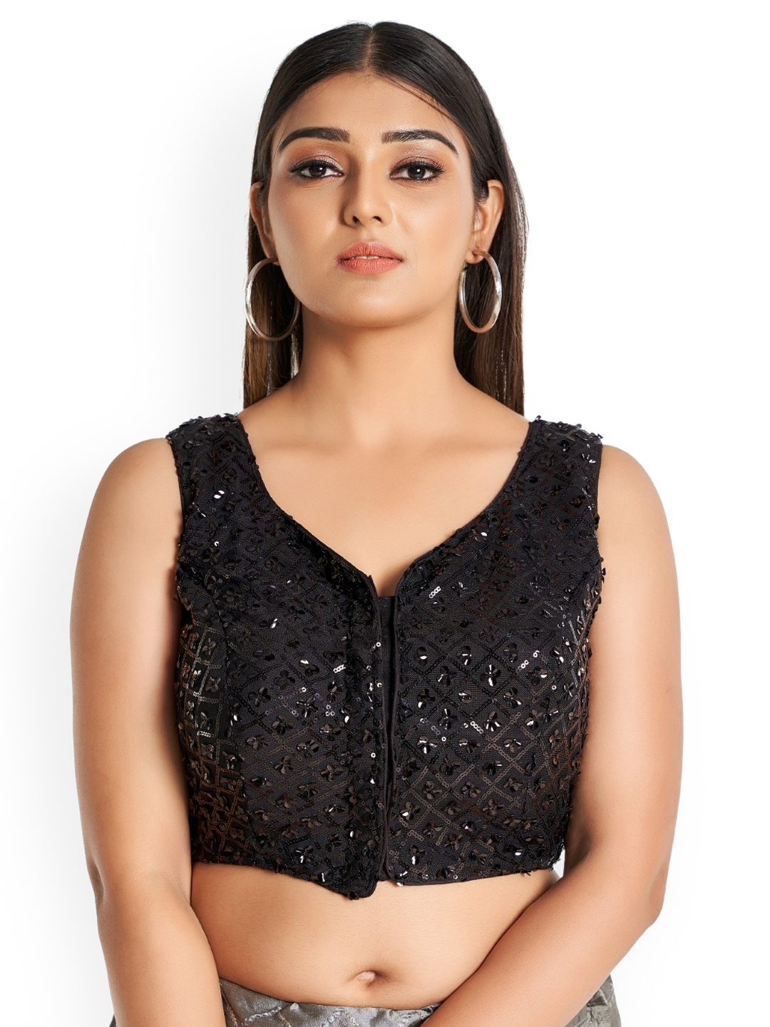 

HIMRISE Embroidered Cotton Sleeveless Saree Blouse, Black