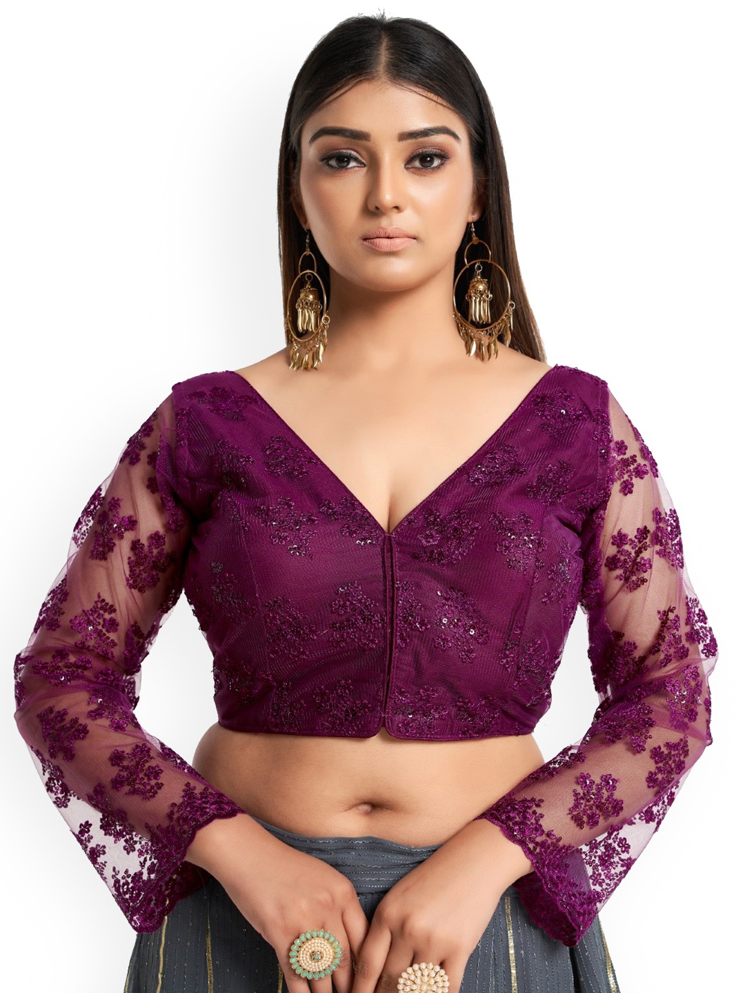

HIMRISE Embroidered Cotton V-Neck Saree Blouse, Purple