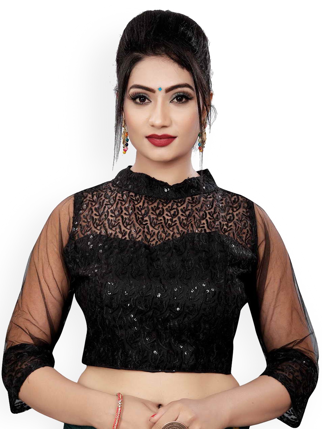 

HIMRISE Embroidered Cotton High Neck Saree Blouse, Black
