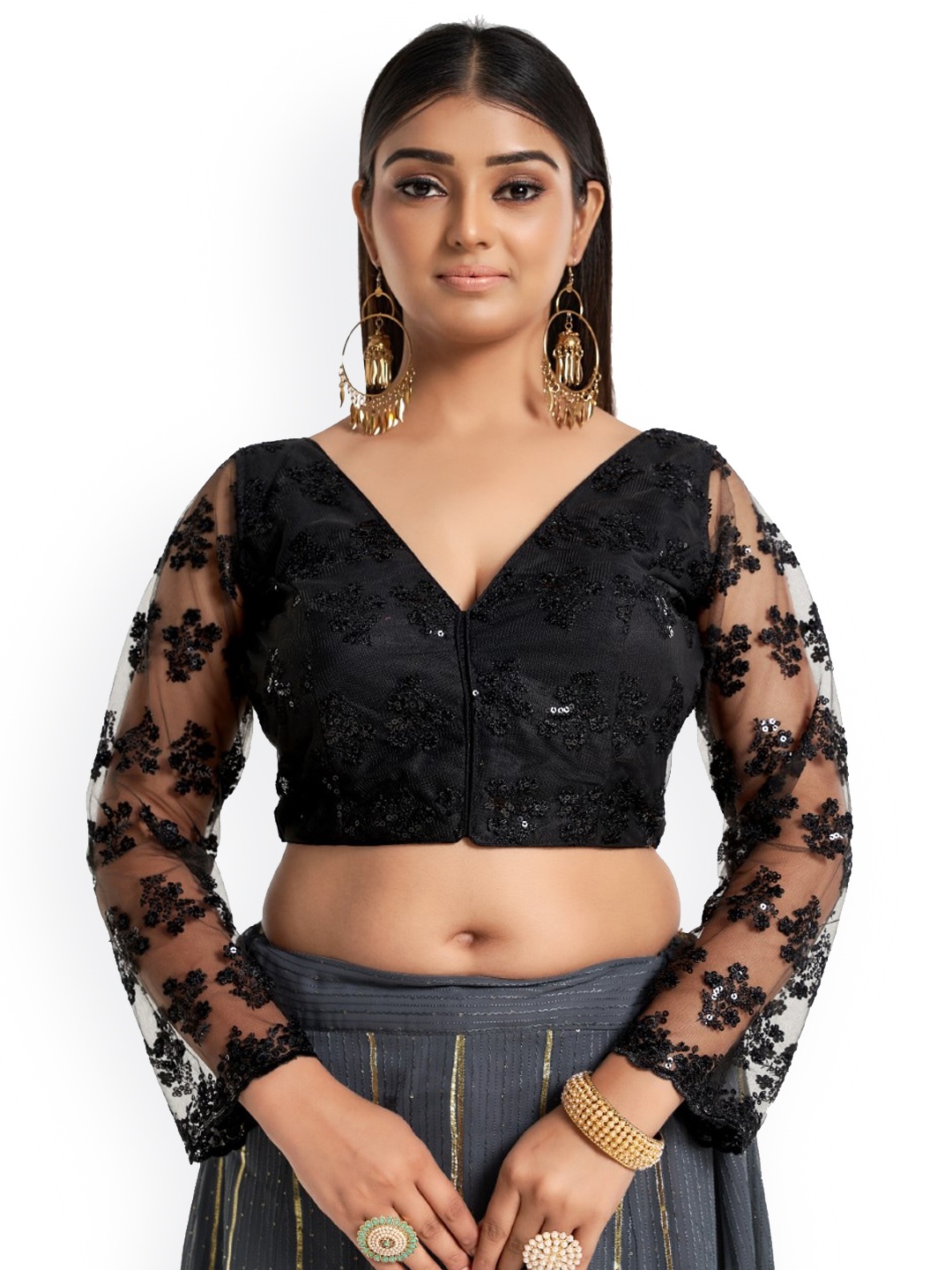 

HIMRISE Embroidered Cotton V-Neck Saree Blouse, Black