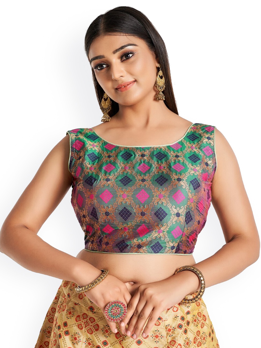 

HIMRISE Woven Design Silk Sleeveless Saree Blouse, Teal