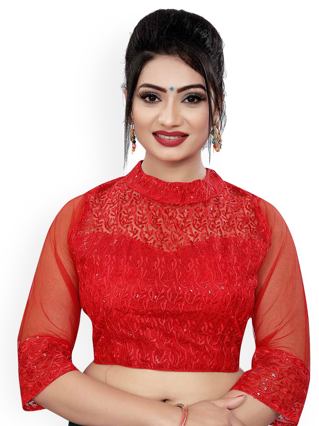 

HIMRISE Embroidered Cotton High Neck Saree Blouse, Red