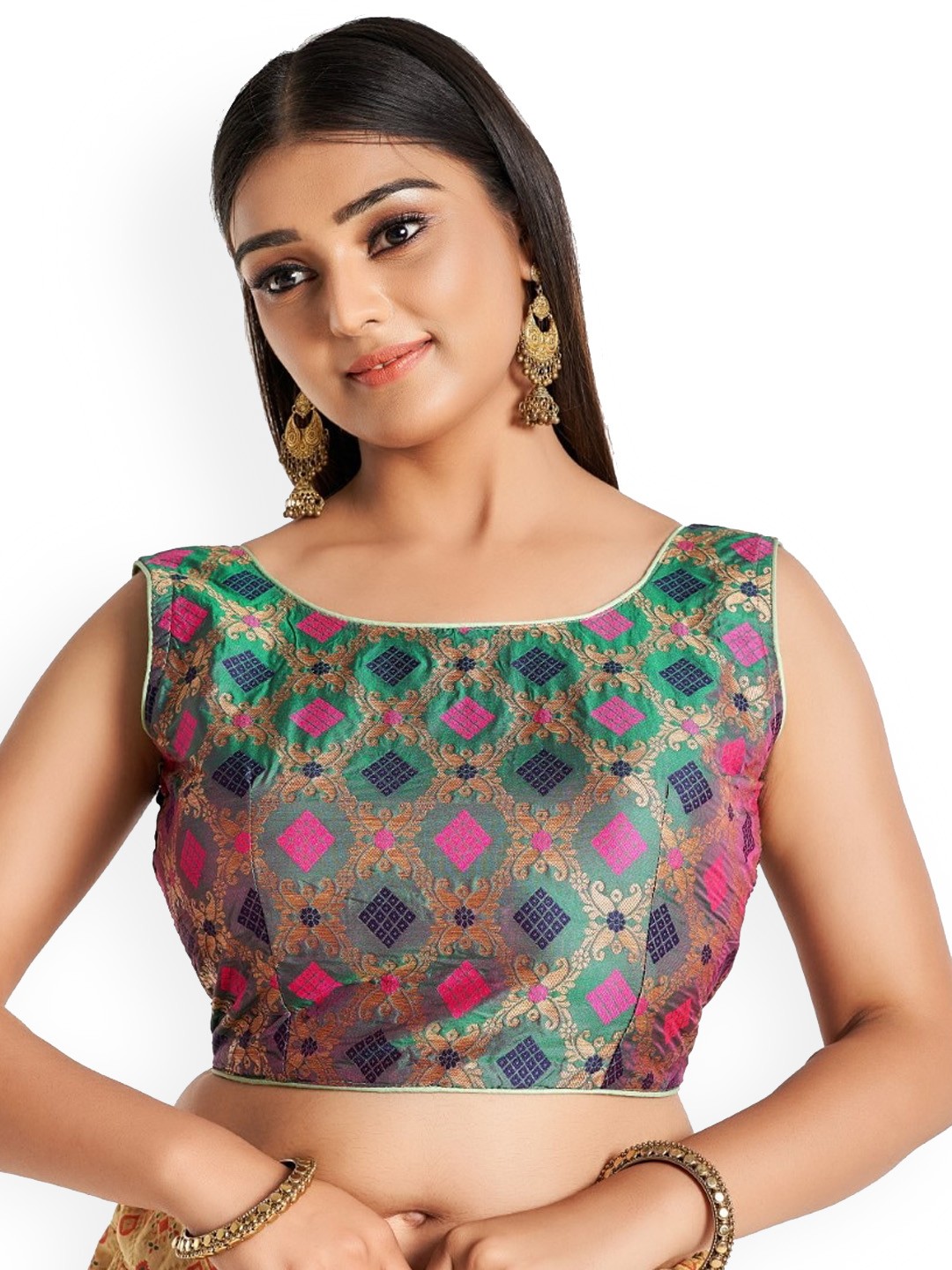

HIMRISE Woven Design Cotton Sleeveless Saree Blouse, Teal