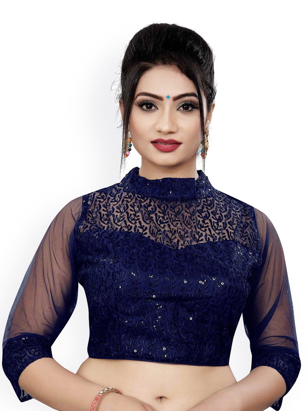 

HIMRISE Embroidered Cotton High Neck Saree Blouse, Navy blue