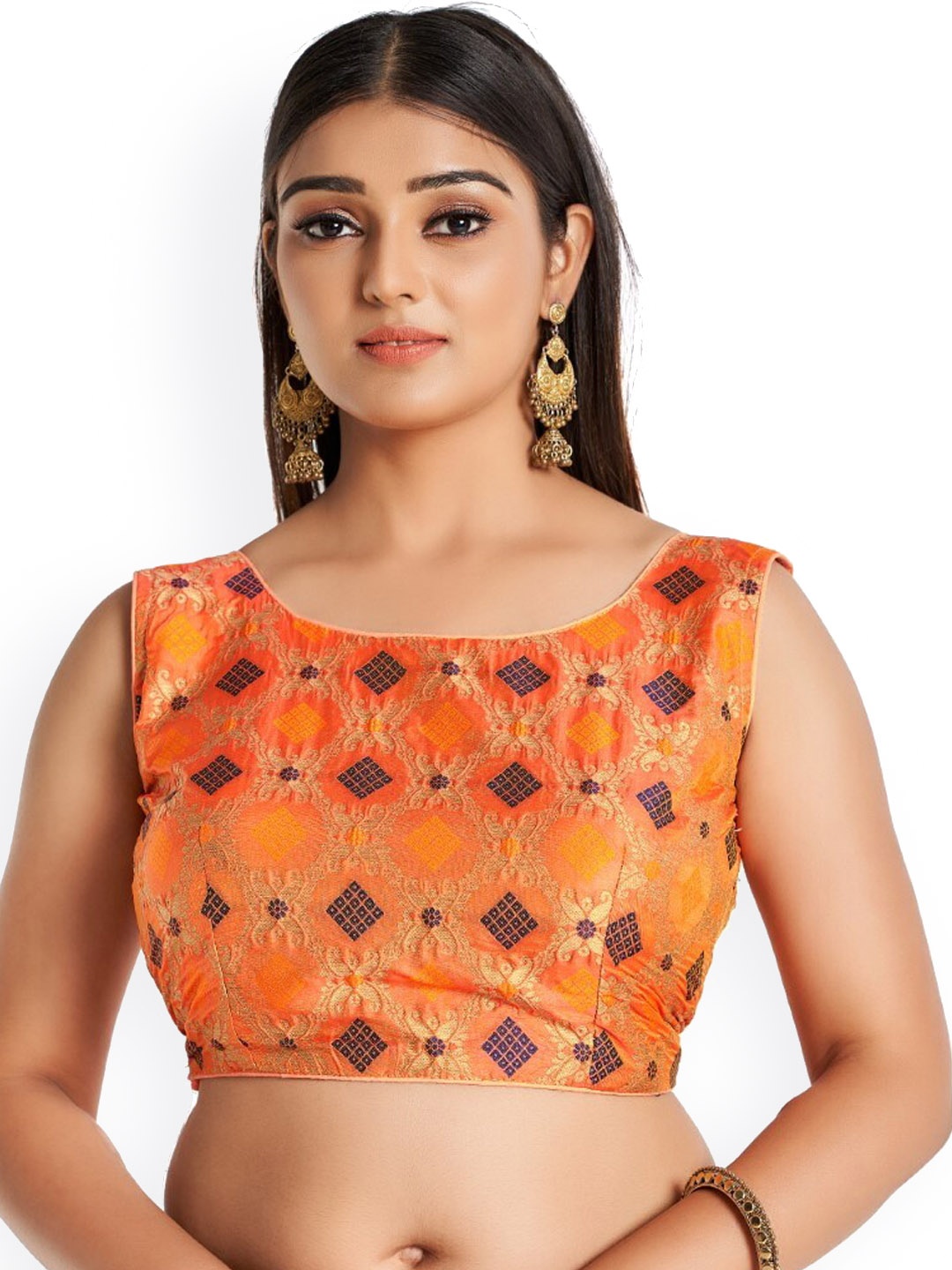 

HIMRISE Woven Design Cotton Sleeveless Saree Blouse, Orange