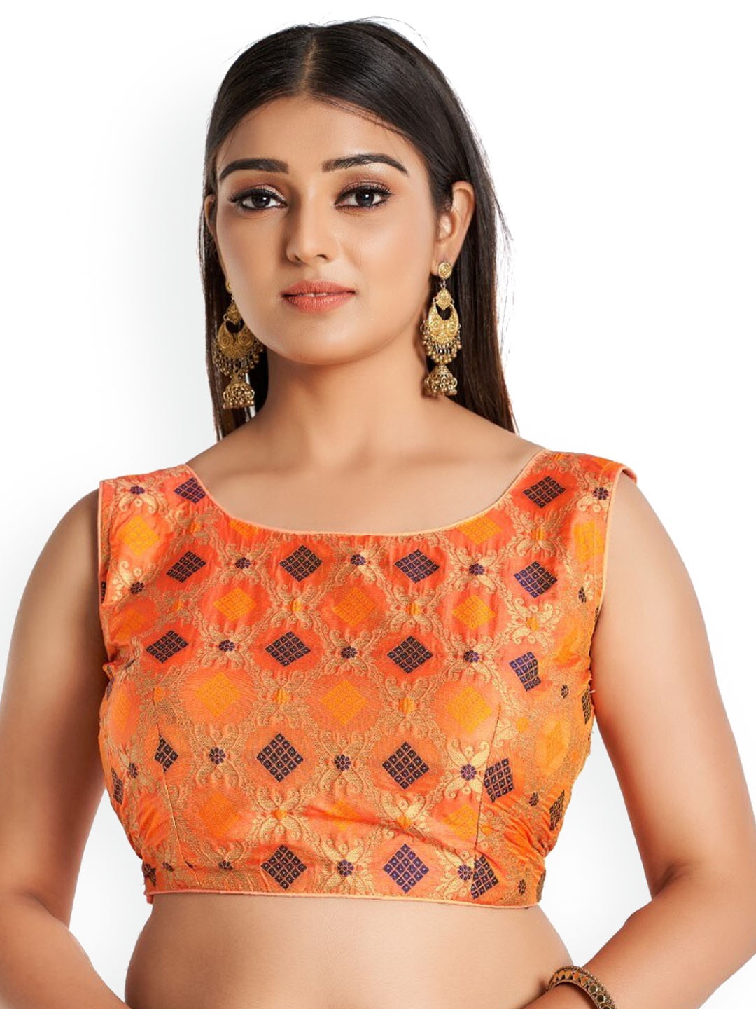 

HIMRISE Woven Design Cotton Sleeveless Saree Blouse, Orange