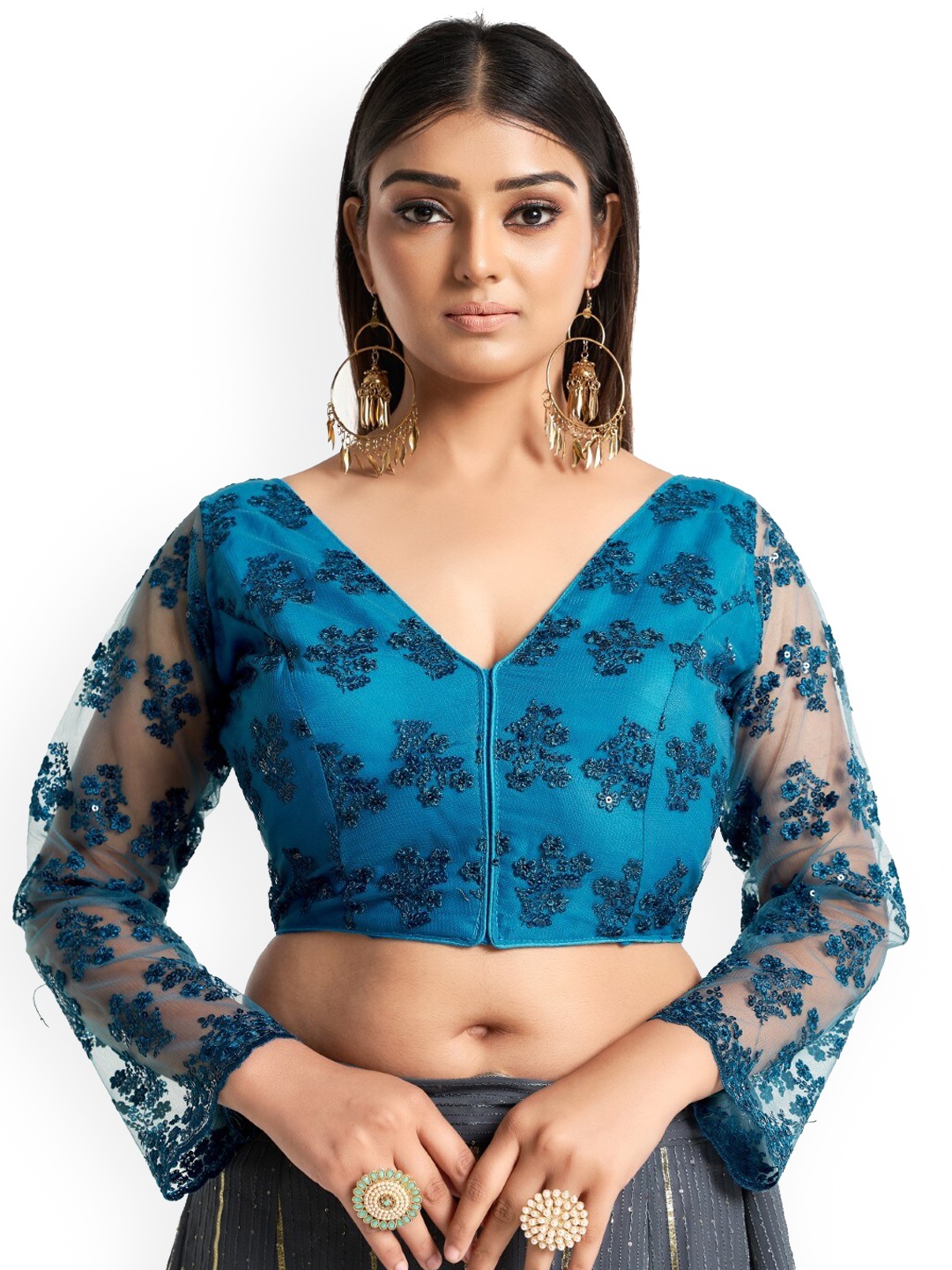 

HIMRISE Embroidered Cotton Saree Blouse, Blue