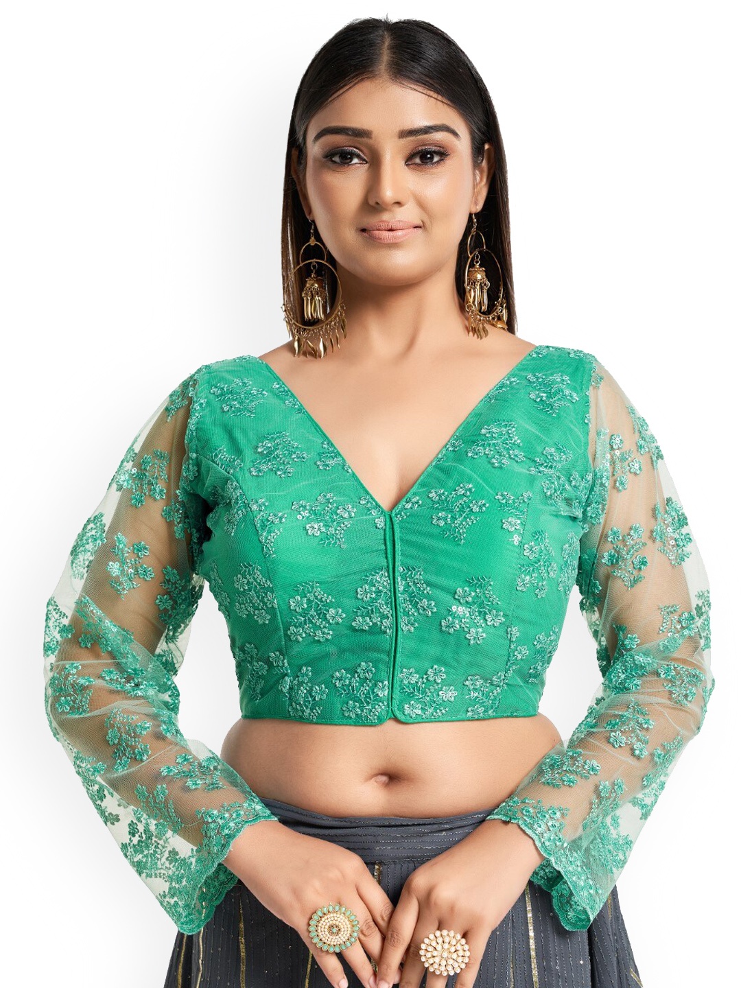 

HIMRISE Embroidered Cotton Saree Blouse, Green