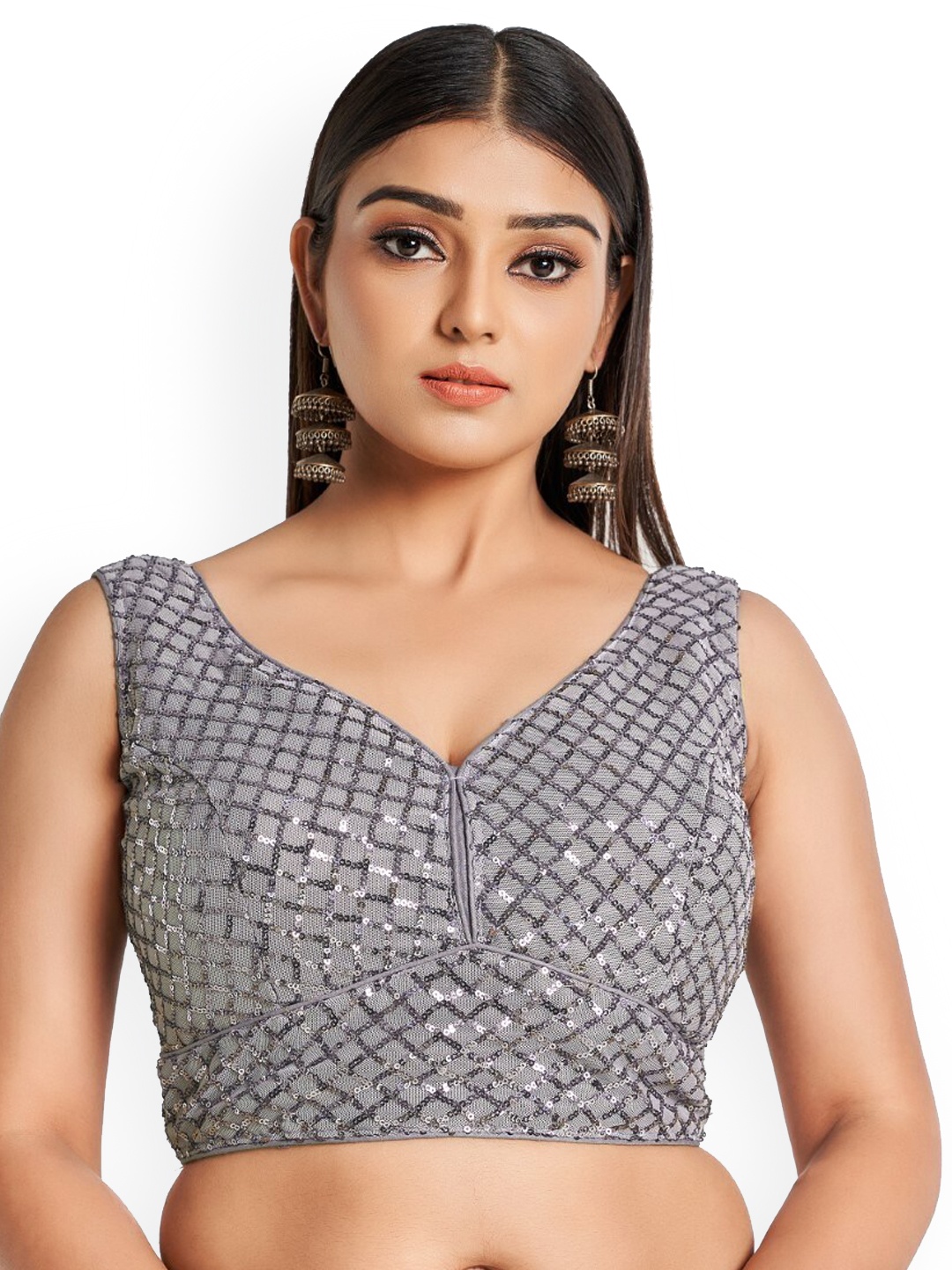 

HIMRISE Embellished V-Neck Sleeveless Cotton Saree Blouse, Grey