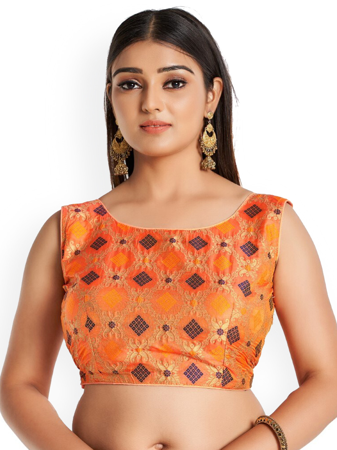

HIMRISE Woven Design Round Neck Sleeveless Cotton Saree Blouse, Orange