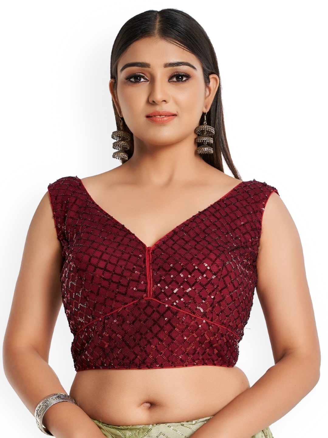 

HIMRISE Embellished Cotton Saree Blouse, Maroon