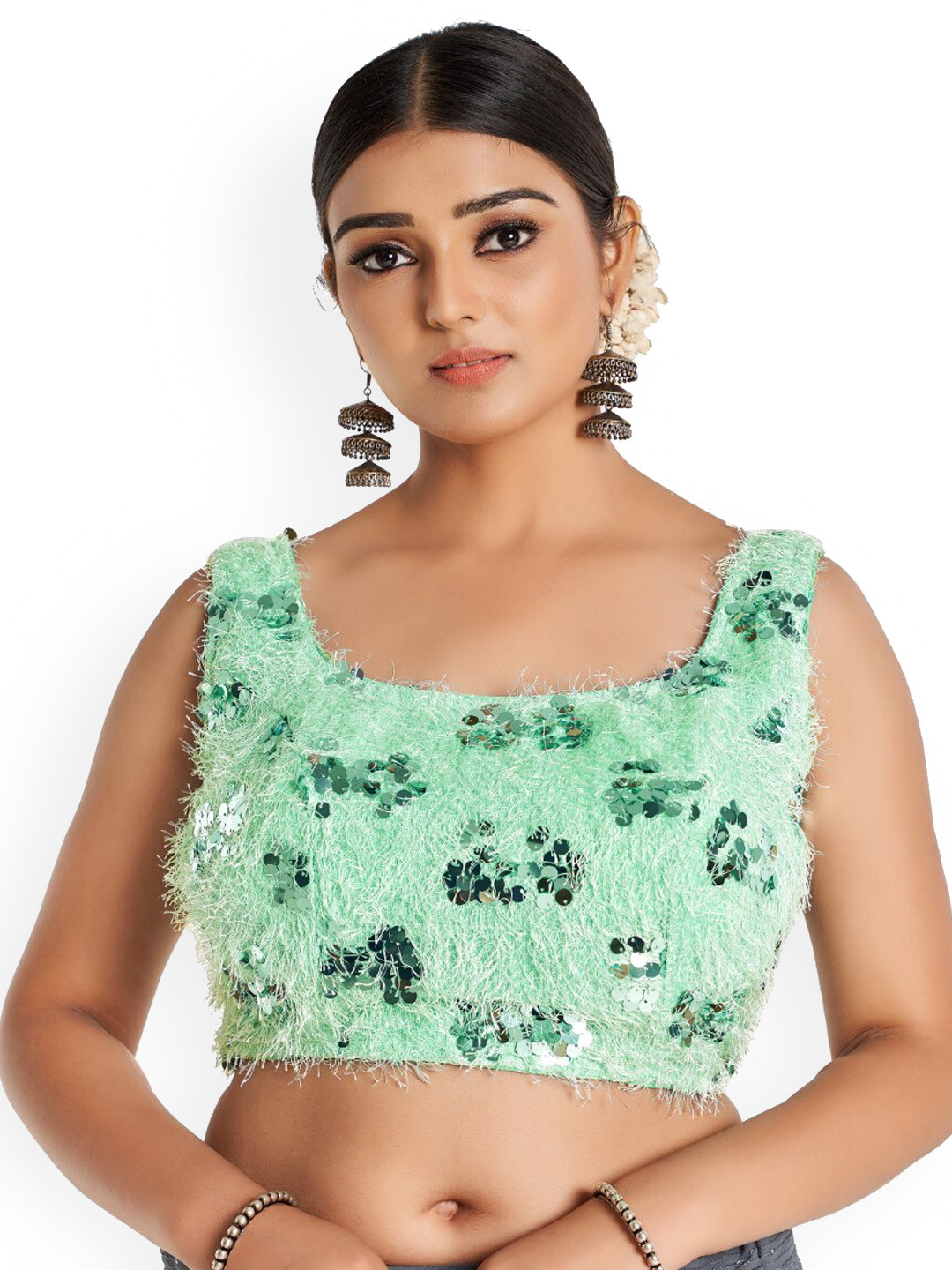 

HIMRISE Embellished Cotton Saree Blouse, Sea green