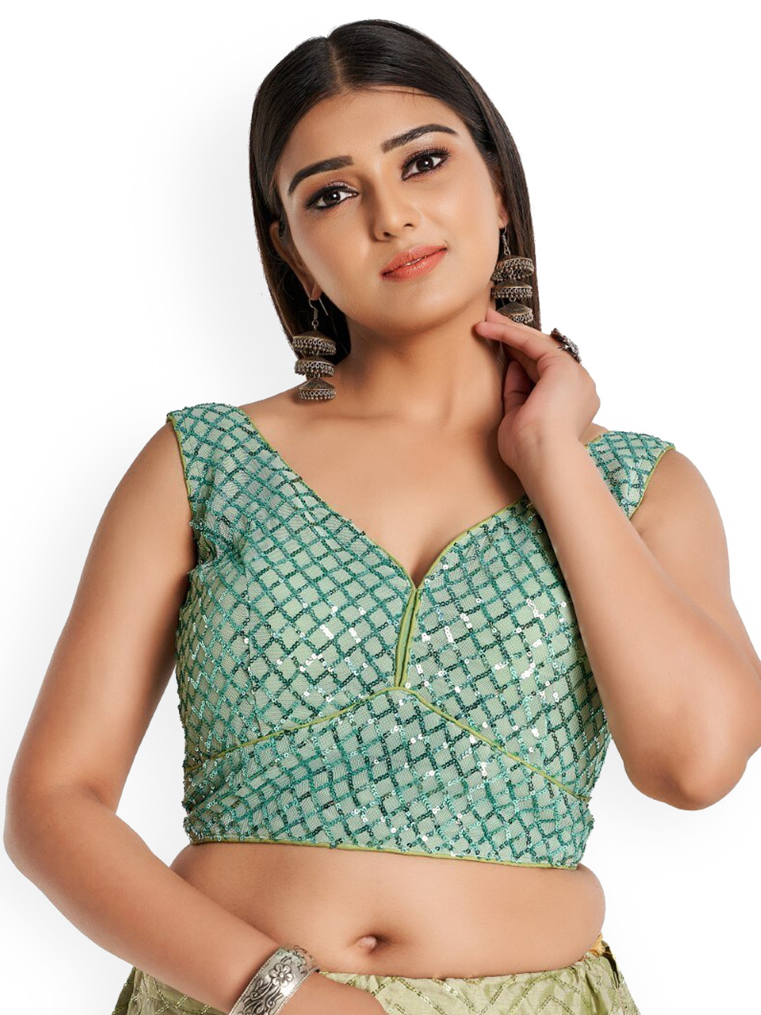 

HIMRISE Sequin Embroidered Saree Blouse, Sea green