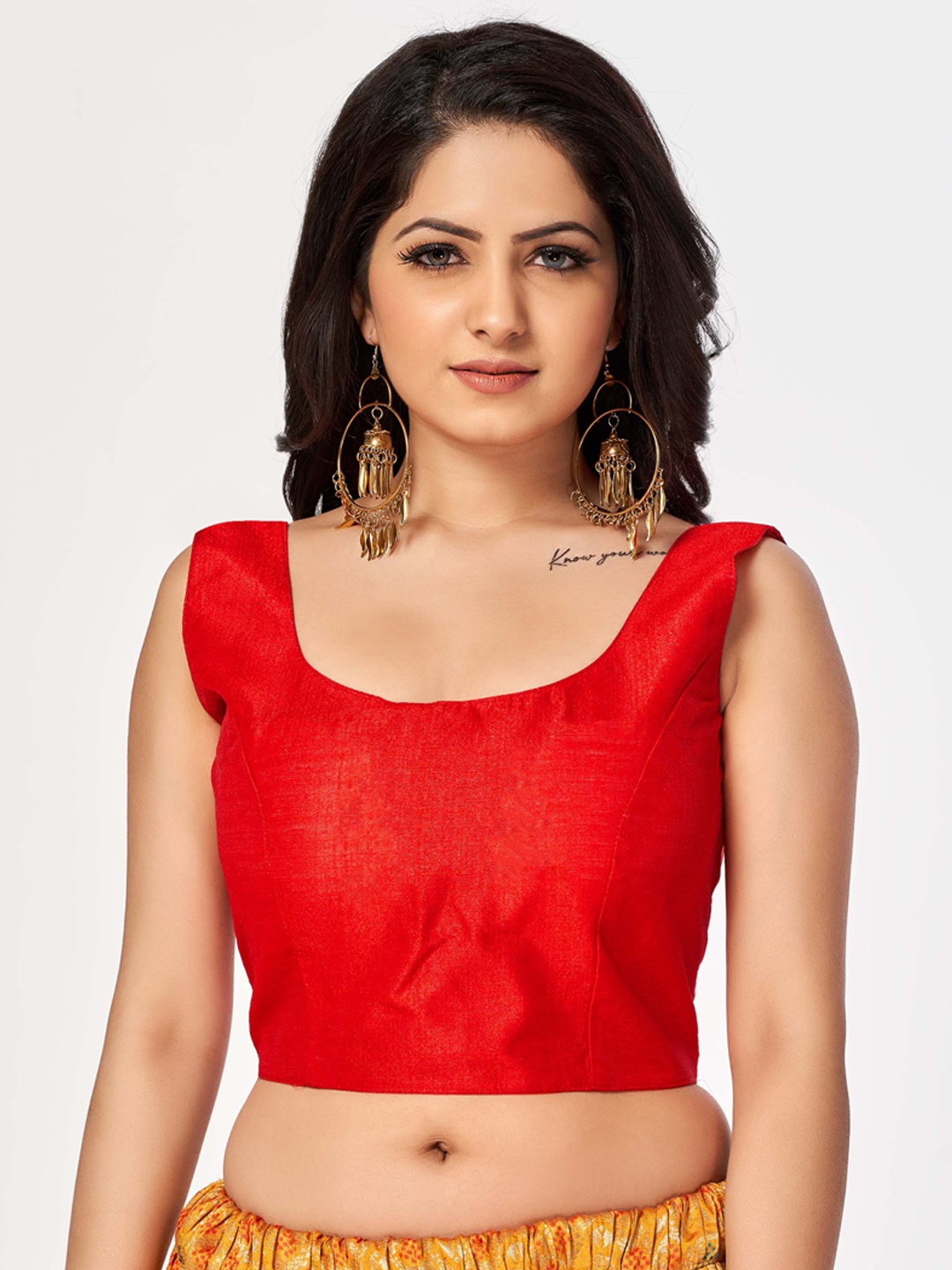

HIMRISE Cotton Brocade Round Neck Sleeveless Blouse, Red
