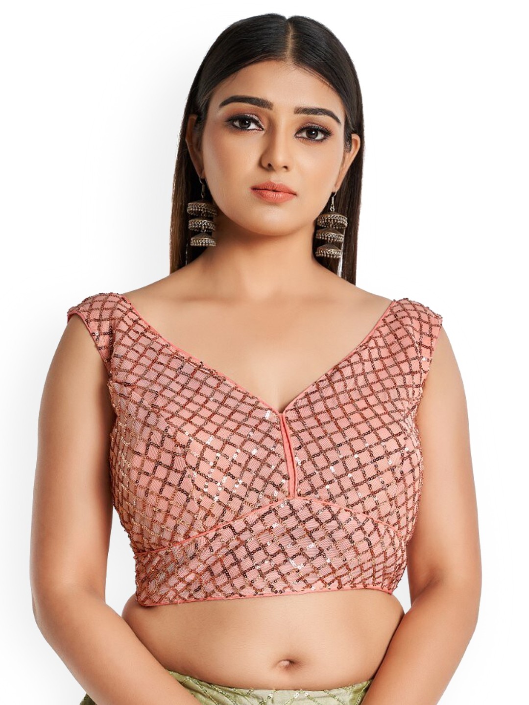

HIMRISE Embellished Sequined Cotton Saree Blouse, Peach