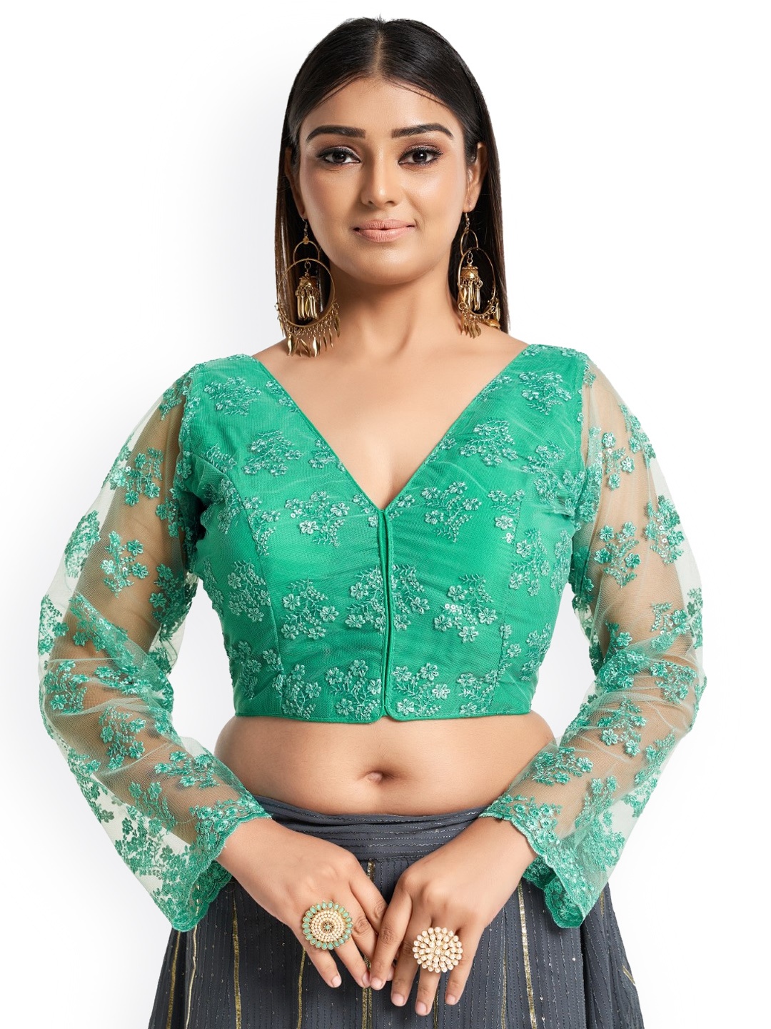 

HIMRISE Embroidered V-Neck Long Sleeves Cotton Saree Blouse, Green