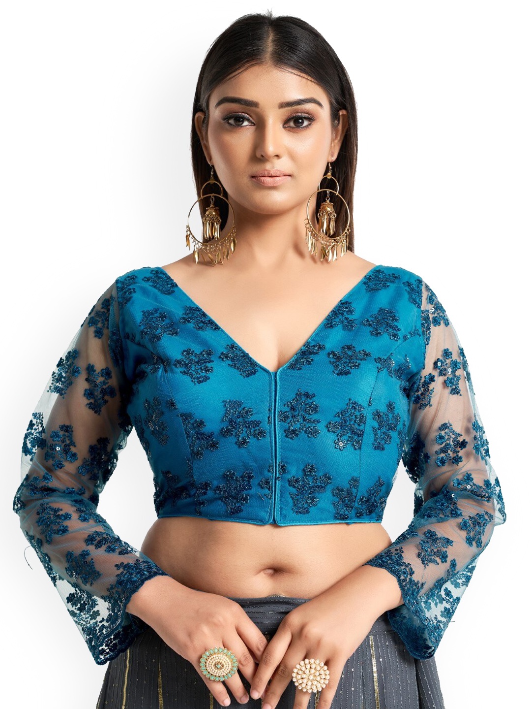 

HIMRISE Floral Embroidered V Neck Cotton Saree Blouse, Blue