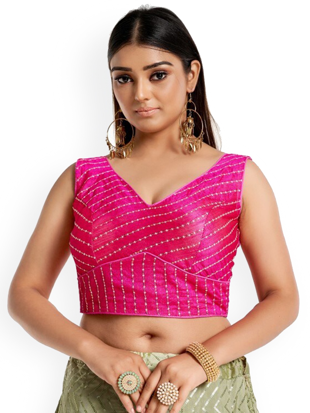 

HIMRISE Embroidered V-Neck Sleeveless Cotton Saree Blouse, Pink