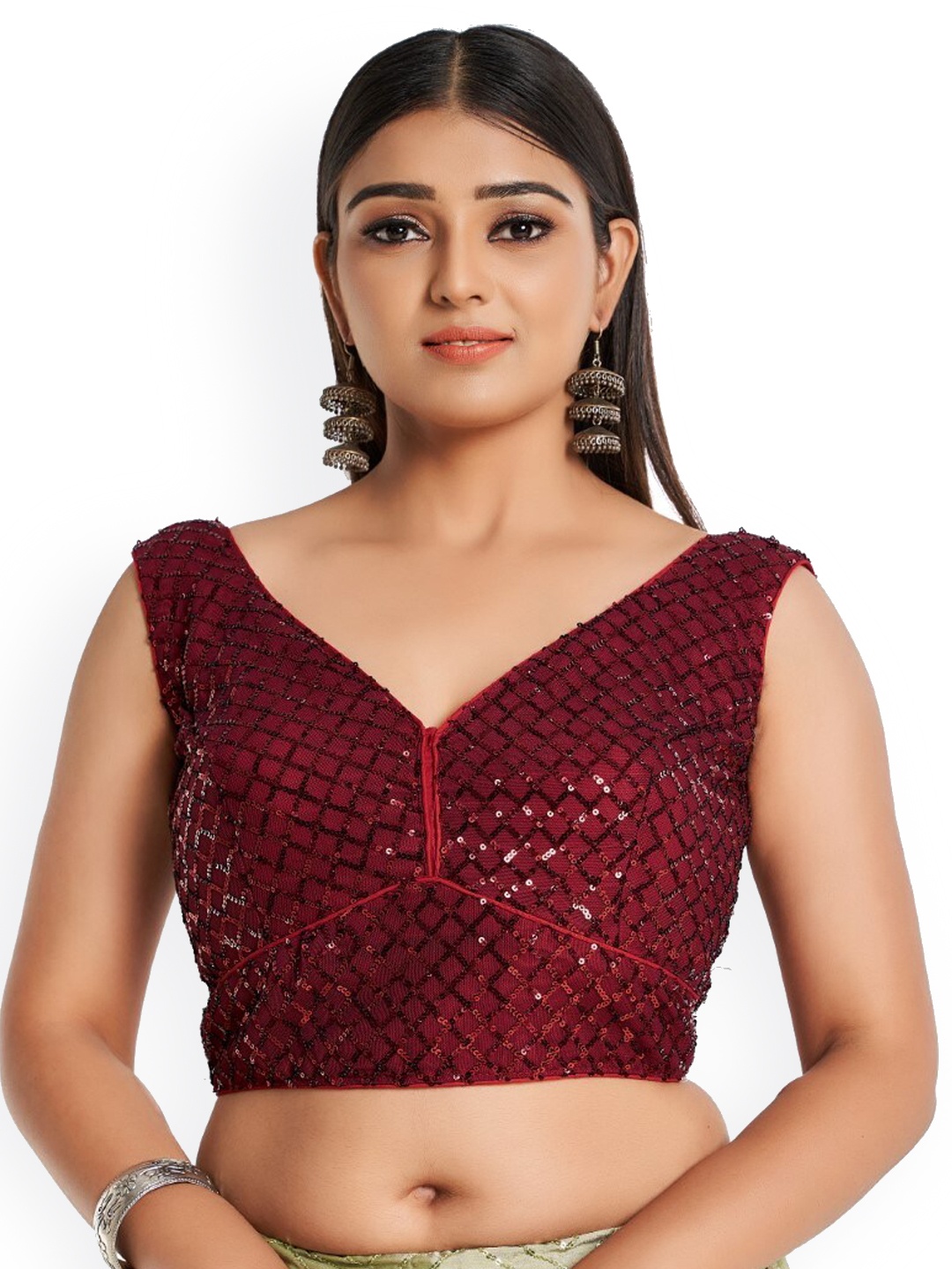 

HIMRISE Embellished Sequined V-Neck Sleeveless Cotton Saree Blouse, Maroon