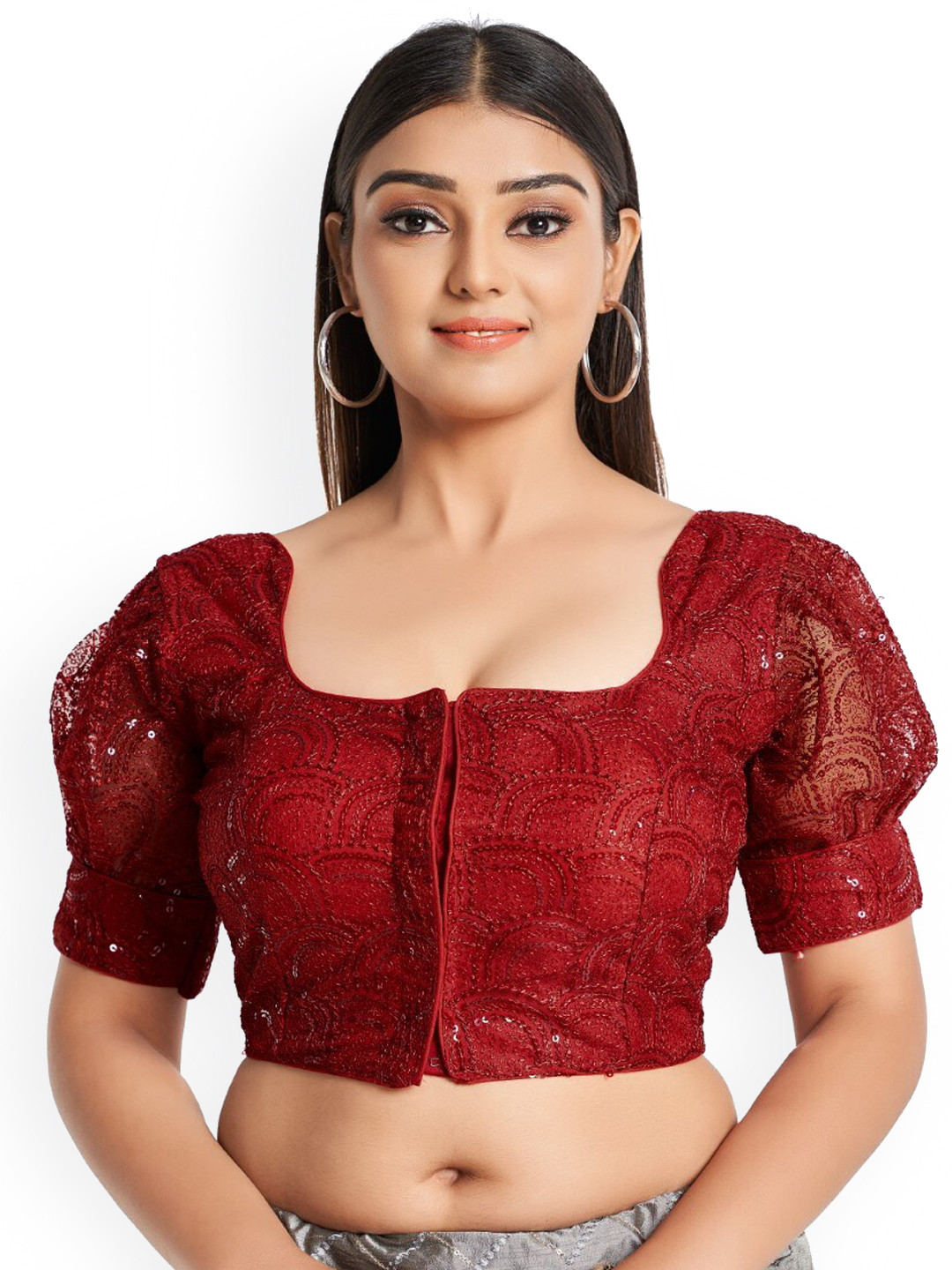 

HIMRISE Embellished Sequined Puff Sleeves Cotton Saree Blouse, Maroon