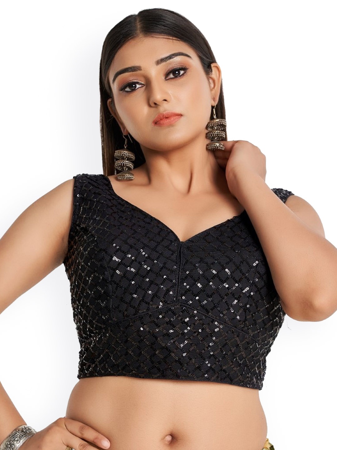 

HIMRISE Embellished Sequined Cotton Saree Blouse, Black