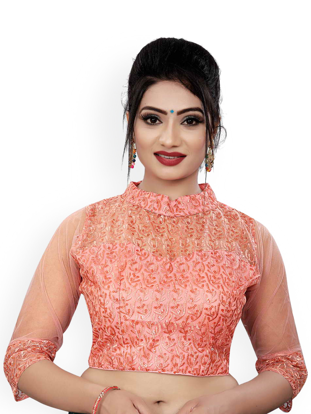 

HIMRISE Embroidered & Sequined Cotton Saree Blouse, Peach