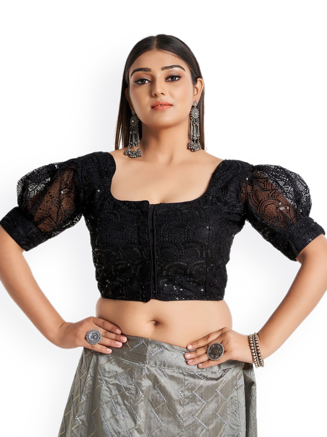 

HIMRISE Embroidered & Sequined Puff Sleeves Cotton Saree Blouse, Black