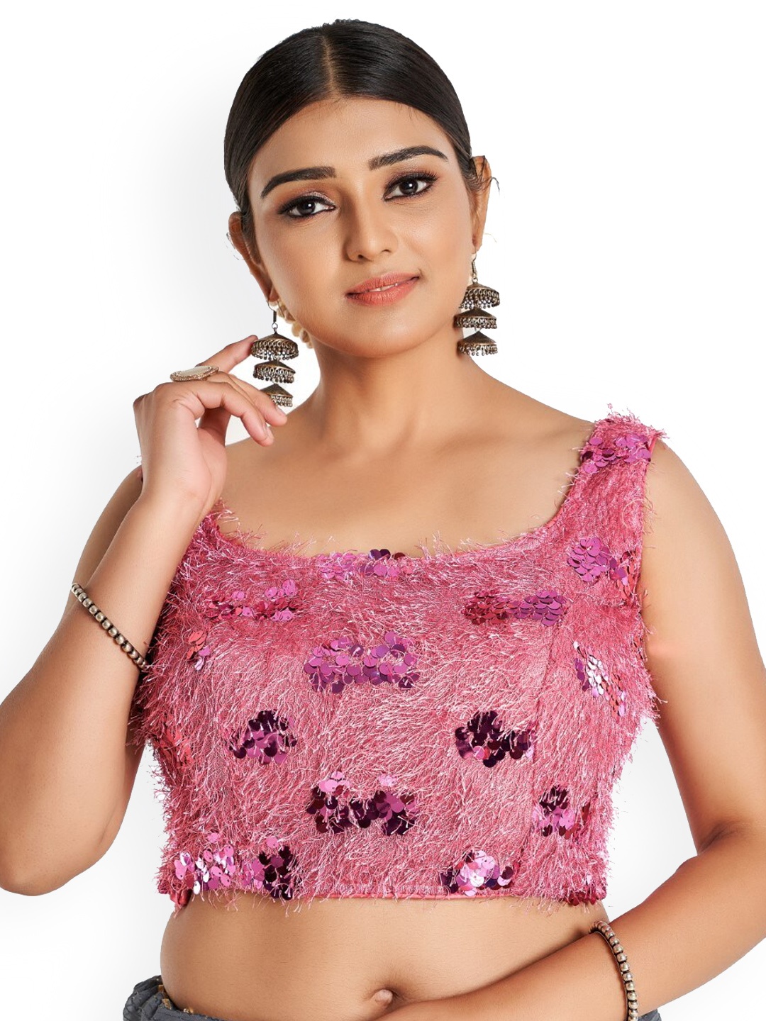 

HIMRISE Self-Design Sequined U Neck Cotton Saree Blouse, Pink