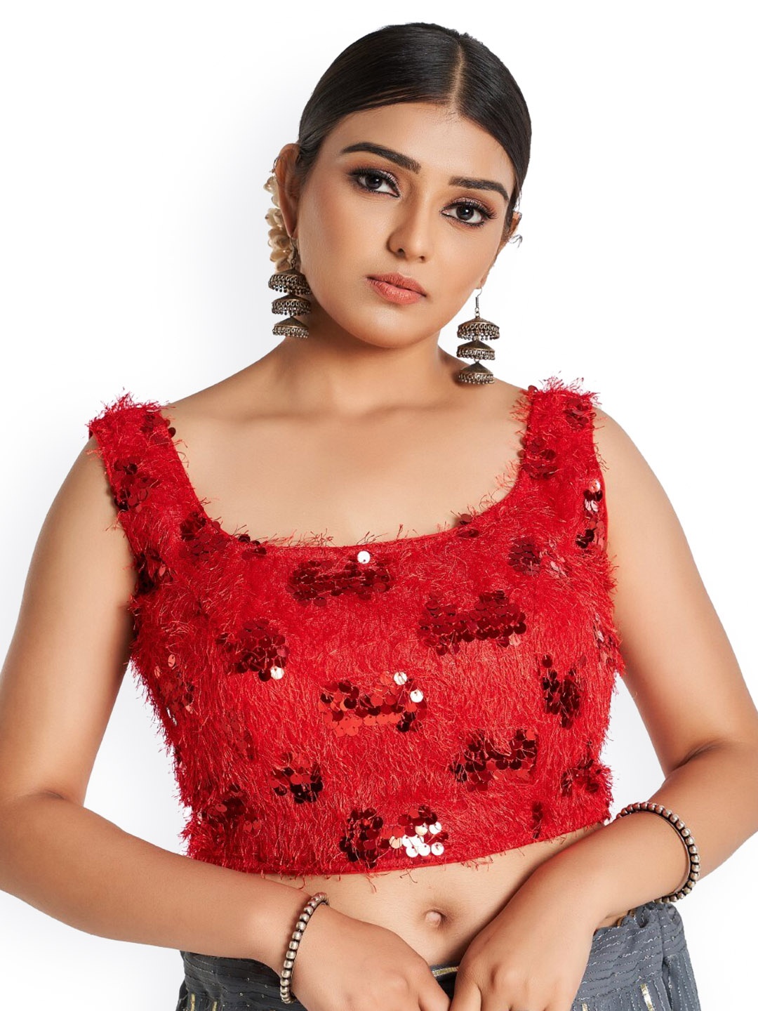 

HIMRISE Embroidered Silk Saree Blouse, Red