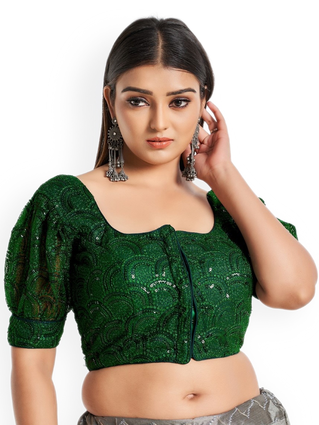 

HIMRISE Embroidered Cotton Saree Blouse, Green