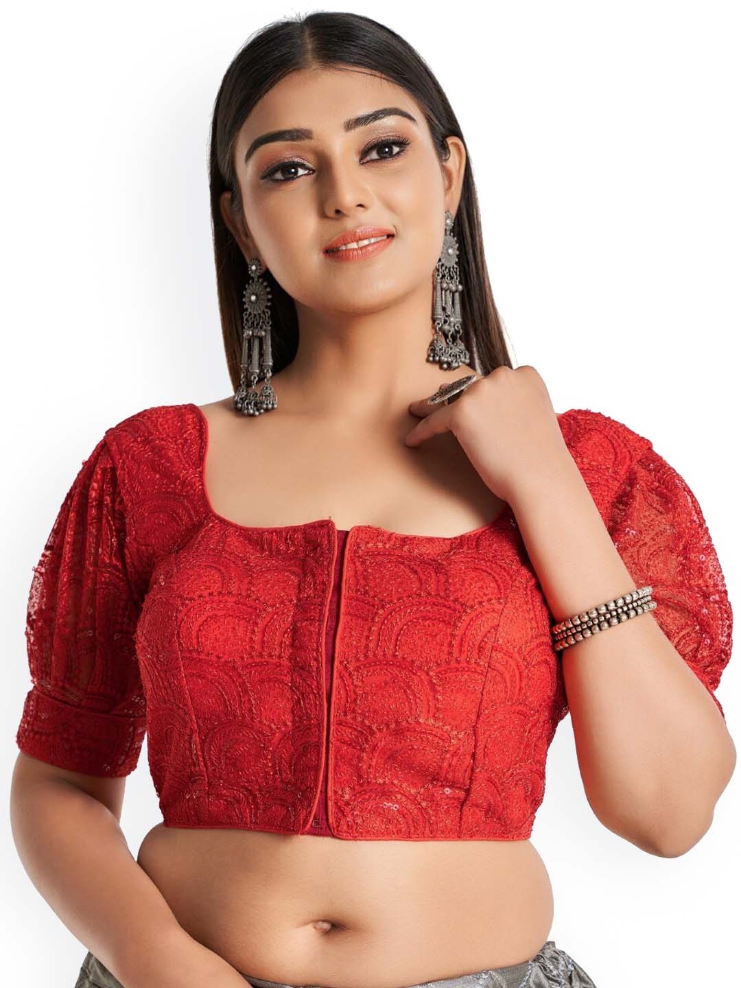 

HIMRISE Embroidered Cotton Saree Blouse, Red