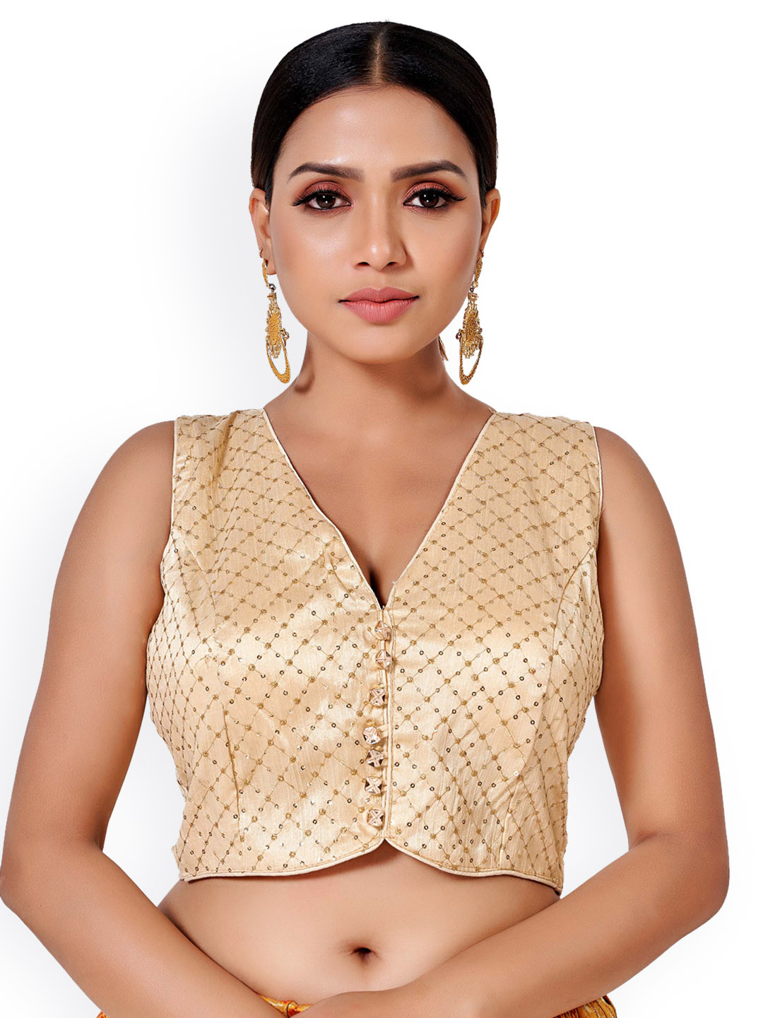 

HIMRISE Embroidered V- Neck Sleeveless Silk Saree Blouse, Gold