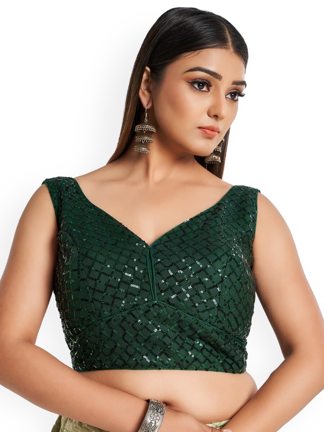 

HIMRISE Embellished Cotton Saree Blouse, Green