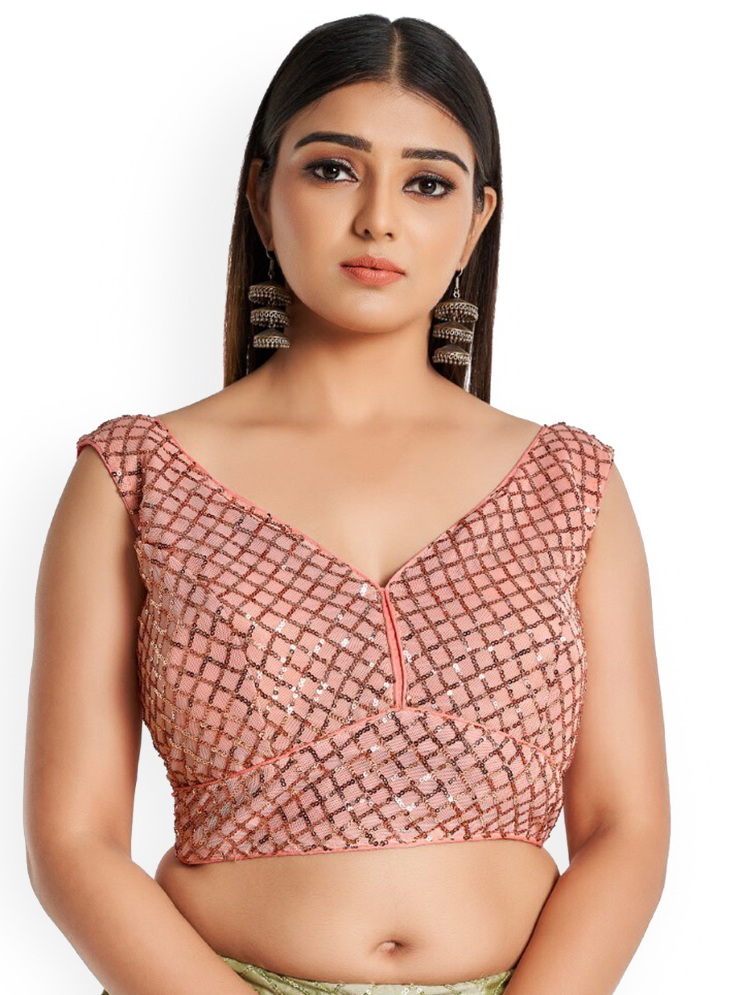 

HIMRISE Embellished V-Neck Sleeveless Cotton Saree Blouse, Peach